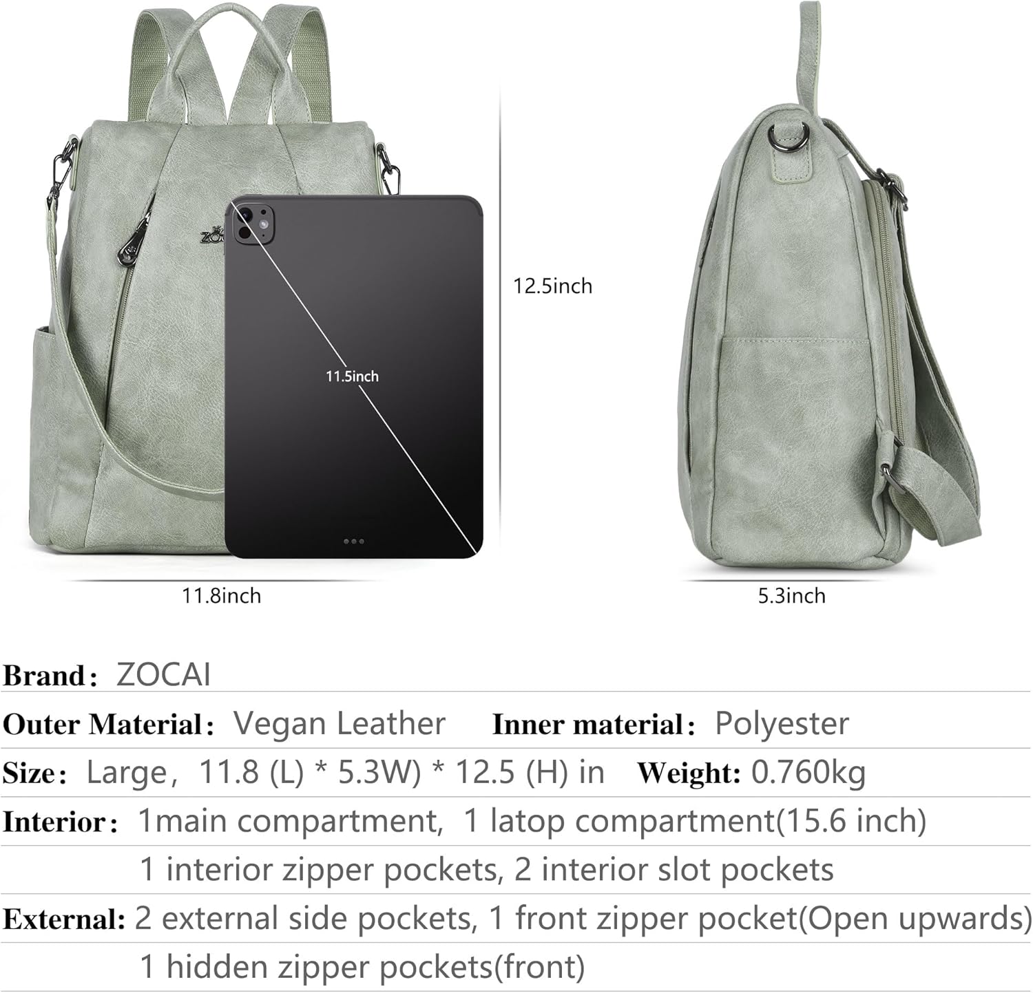 ZOCAI Backpack Purse for Women Medium Anti-Theft Backpacks Purses Design Leather Shoulder Bags with Removable Strap - Image 3
