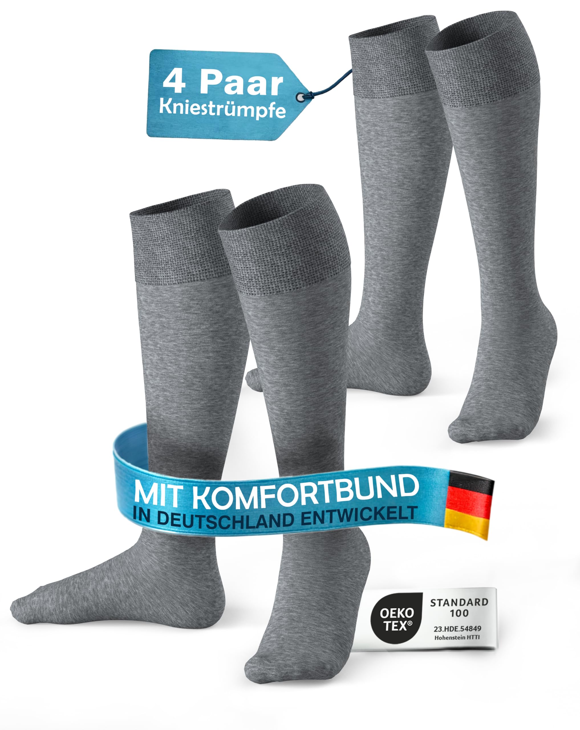 MEDOLY Knee Socks for Men and Women (4 Pairs) with Cotton, Knee Socks without Cutting Waistband and Without Seam, 4 x grey, 43-46