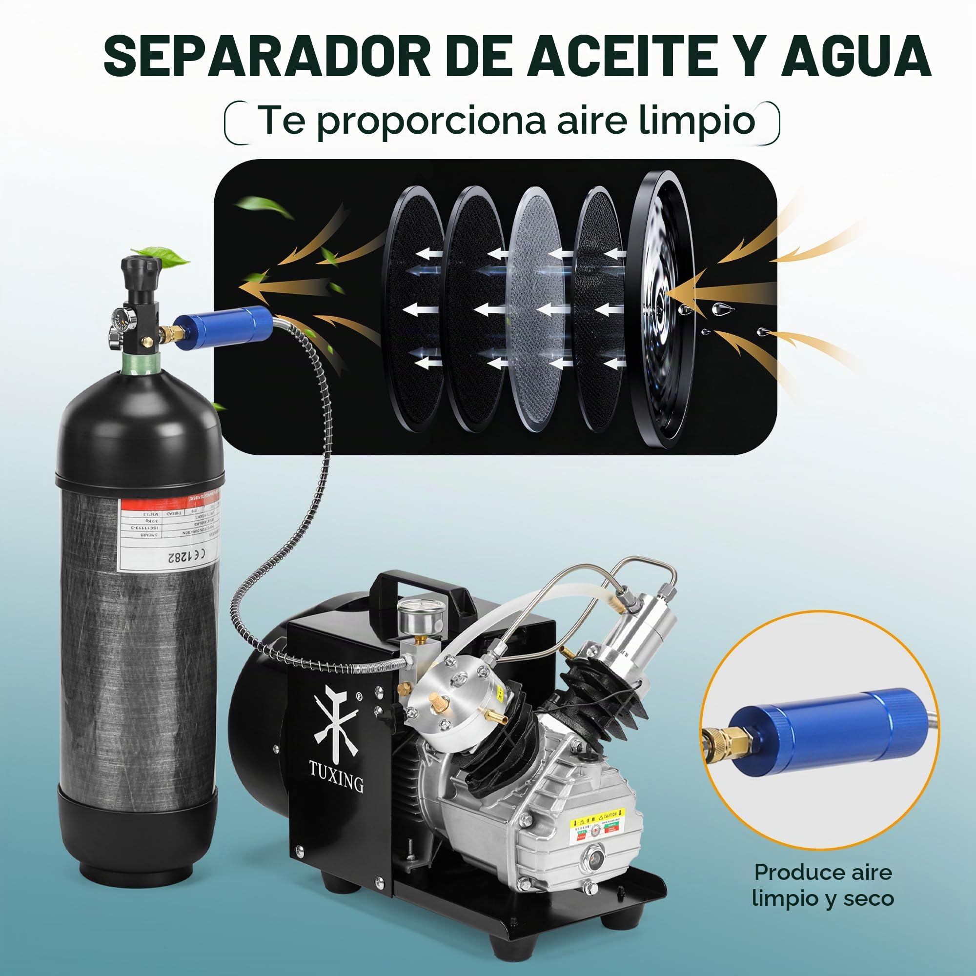 Compresor de aire TUXING 4500Psi Pcp, compresor de aire de tanque de buceo, compresor de aire de alta presión de mini cilindro doble para llenado de tanque de paintball/buceo 220 V (TXEDM041)