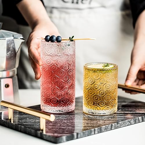 Miniatura 5 de Juego de 4 vasos de vidrio vintage, vasos para beber de 12.5 onzas, estilo estampado en relieve, juego de vasos de cóctel transparentes, para café