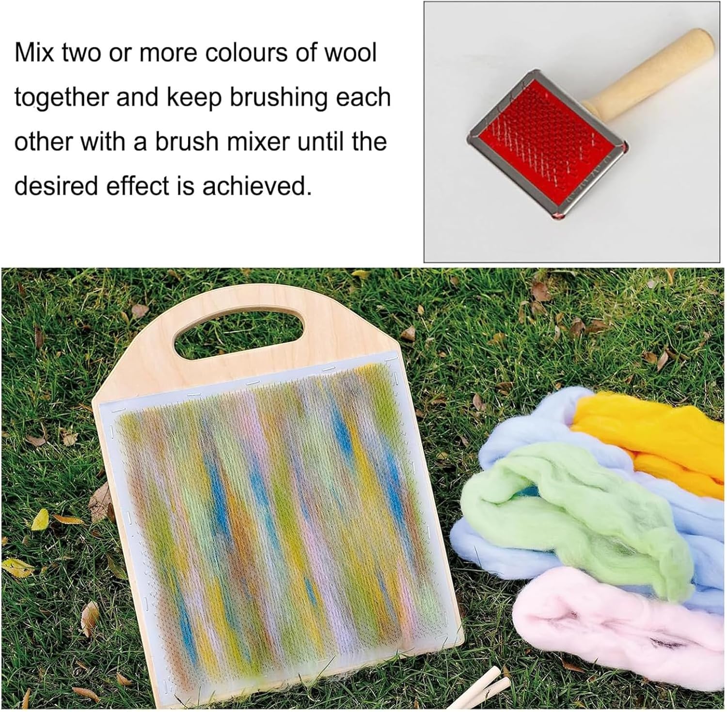 9.8 * 9.8in Fiber Wool Blending Board, DIY Wool Combing Machine Carding Brush Set, with 1 Wool Brush, 2 Wood Sticks/Back Support Stick, for Organize Wool Fibers
