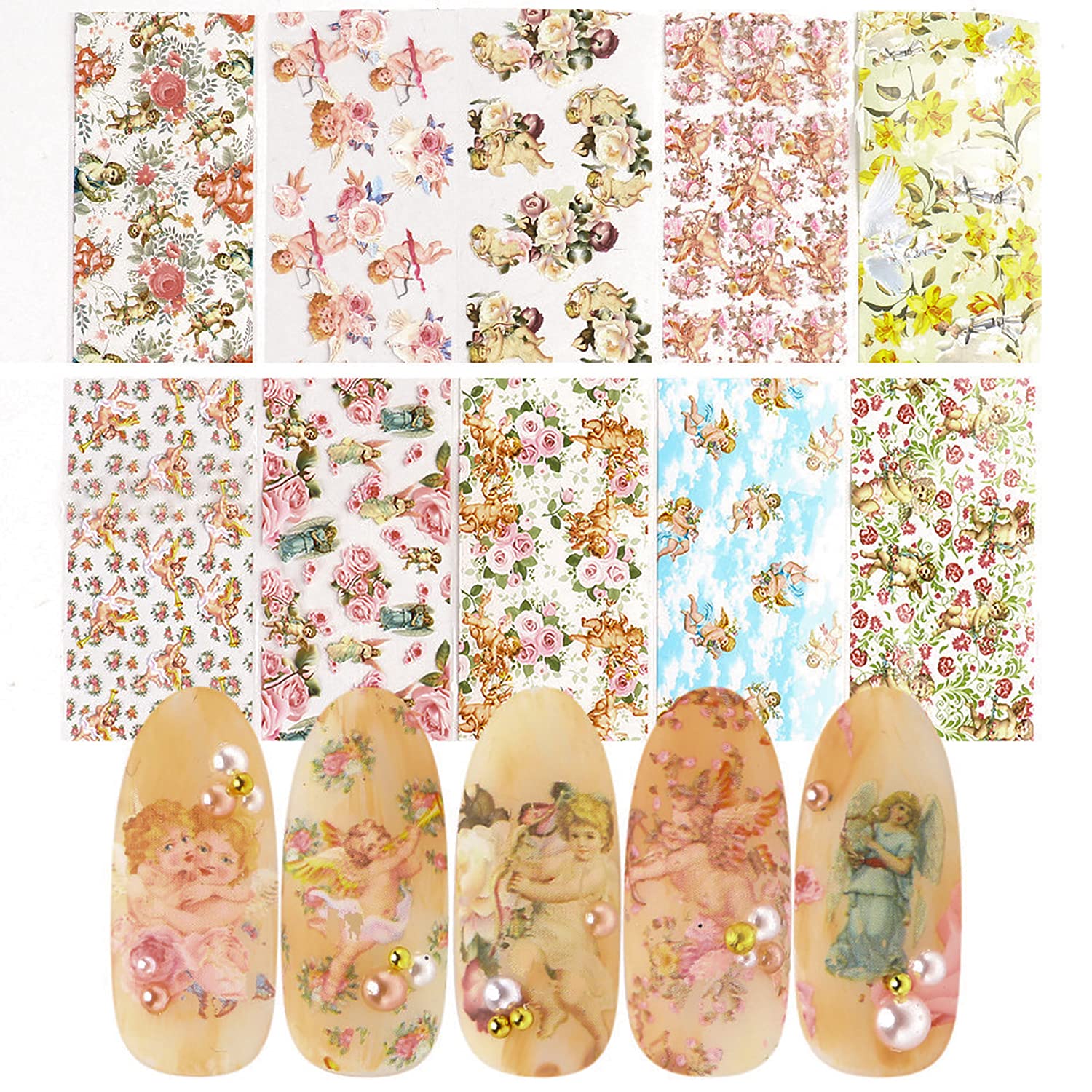 Publi 10Pcs Cupid Angel Nail Art Foil Transfers Stickers Baroque Cupid Flower Nail Art Decals Holographic Starry Sky Valentine's Day Design for Acrylic Nail Supplies Manicure Decorations