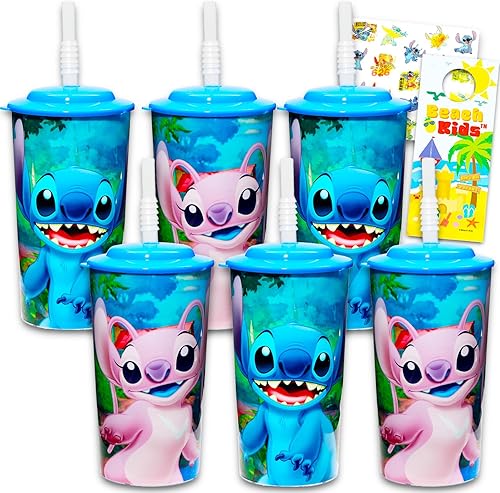Lilo and Stitch Vasos reutilizables de 16 onzas para niños, paquete de 6 piezas con taza de 16 onzas con tapa y pajilla, más calcomanías para niños