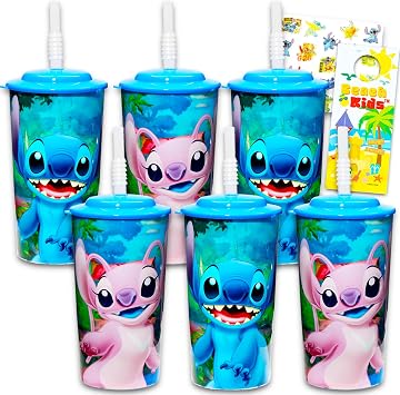 Lilo and Stitch Kids 16 Oz Reusable Cups -Stitch Party Favor 6 Piece Bundle with 16 Oz Cup with Lid and Straw Plus Stickers for Boys and Girls | Stitch Tumbler with Straw