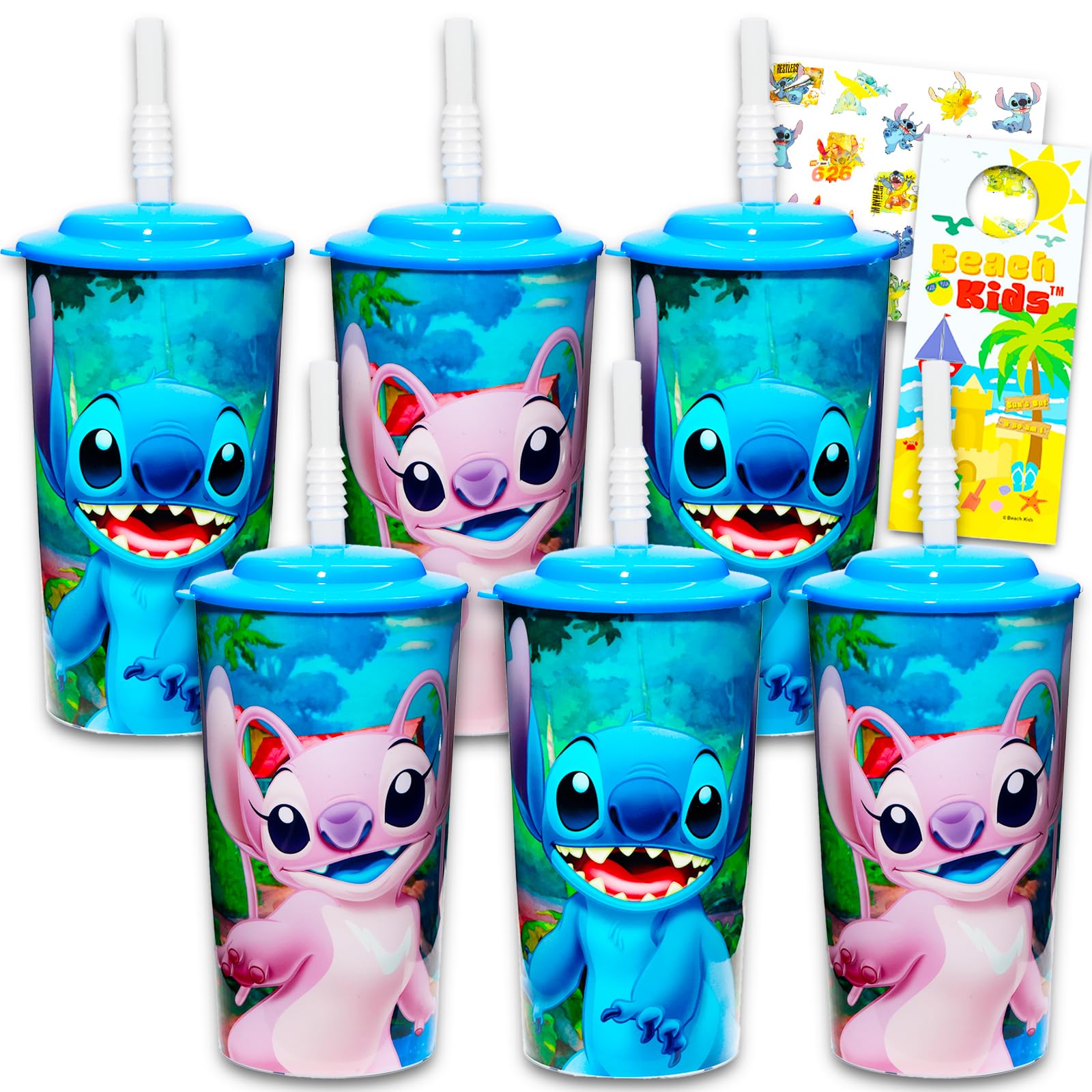 Lilo and Stitch Kids 16 Oz Reusable Cups -Stitch Party Favor 6 Piece Bundle with 16 Oz Cup with Lid and Straw Plus Stickers for Boys and Girls | Stitch Tumbler with Straw