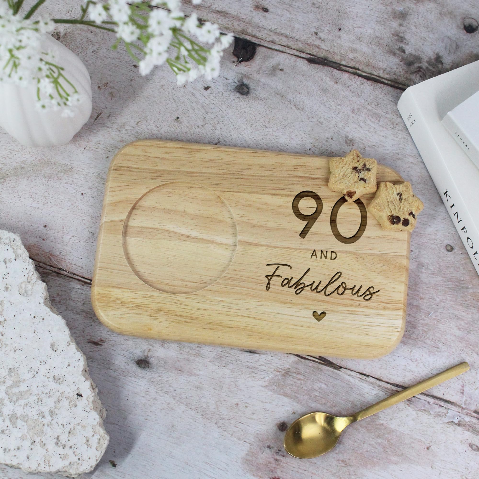 eBuyGB Engraved Tea & Biscuits Board, 90 and Fabulous Milestone Birthday, 90th Birthday Gift for Her, Grandma, Mum, Auntie, Wood Treat Board