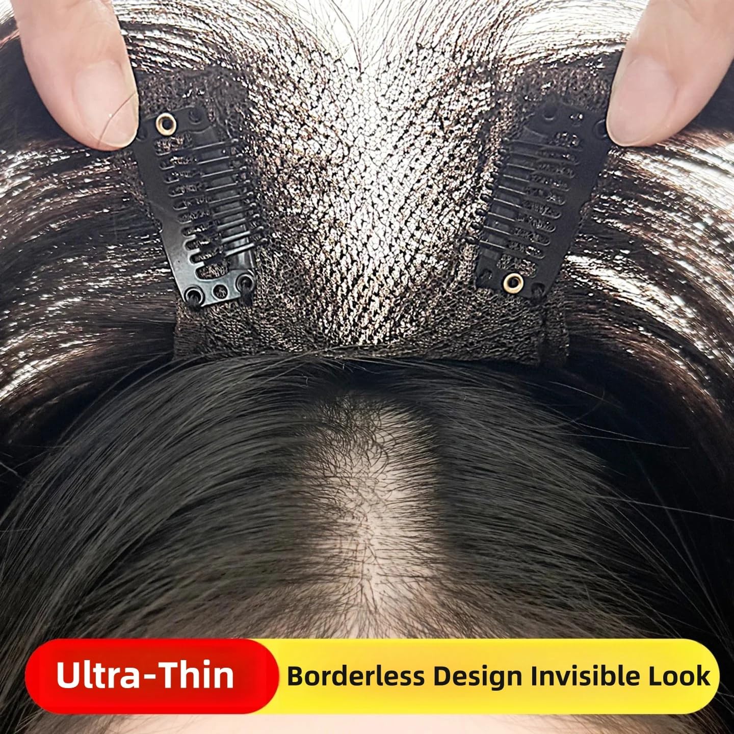 Anemone Borderless Design Lace Human Hair Toppers for Women Clips in False Bangs Fluffy Fringe Hairpiece For Cover Thinning Grey Hair (7 * 9 Brown with Bangs)