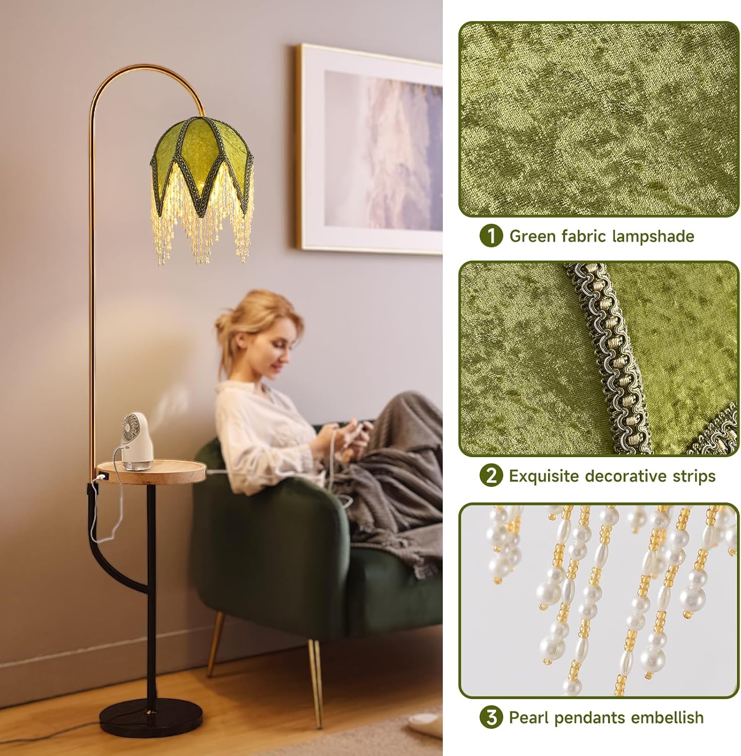 Tassel lampshade - Retro country style green bead tassel lampshade,8.7"High artistic atmosphere replacement lamp accessory for living room-C