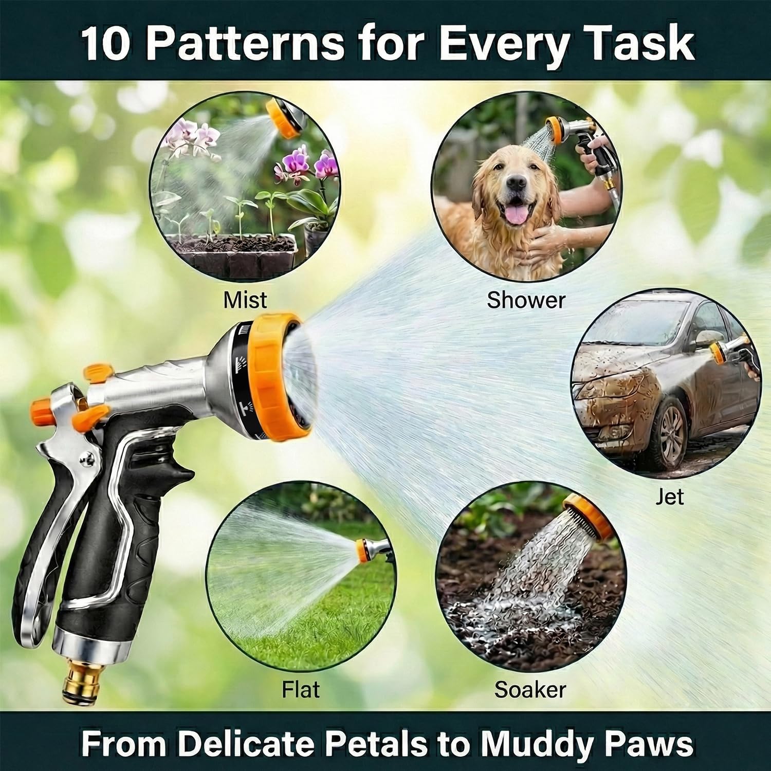Onarway Garden Hose Spray Gun: Heavy Duty Metal Nozzle with Solid Brass Fittings for Leak-Proof Seal - 10 Patterns & Thumb Control for Continuous, Fatigue-Free Watering of 100+ Potted Plants & Lawns — view 6