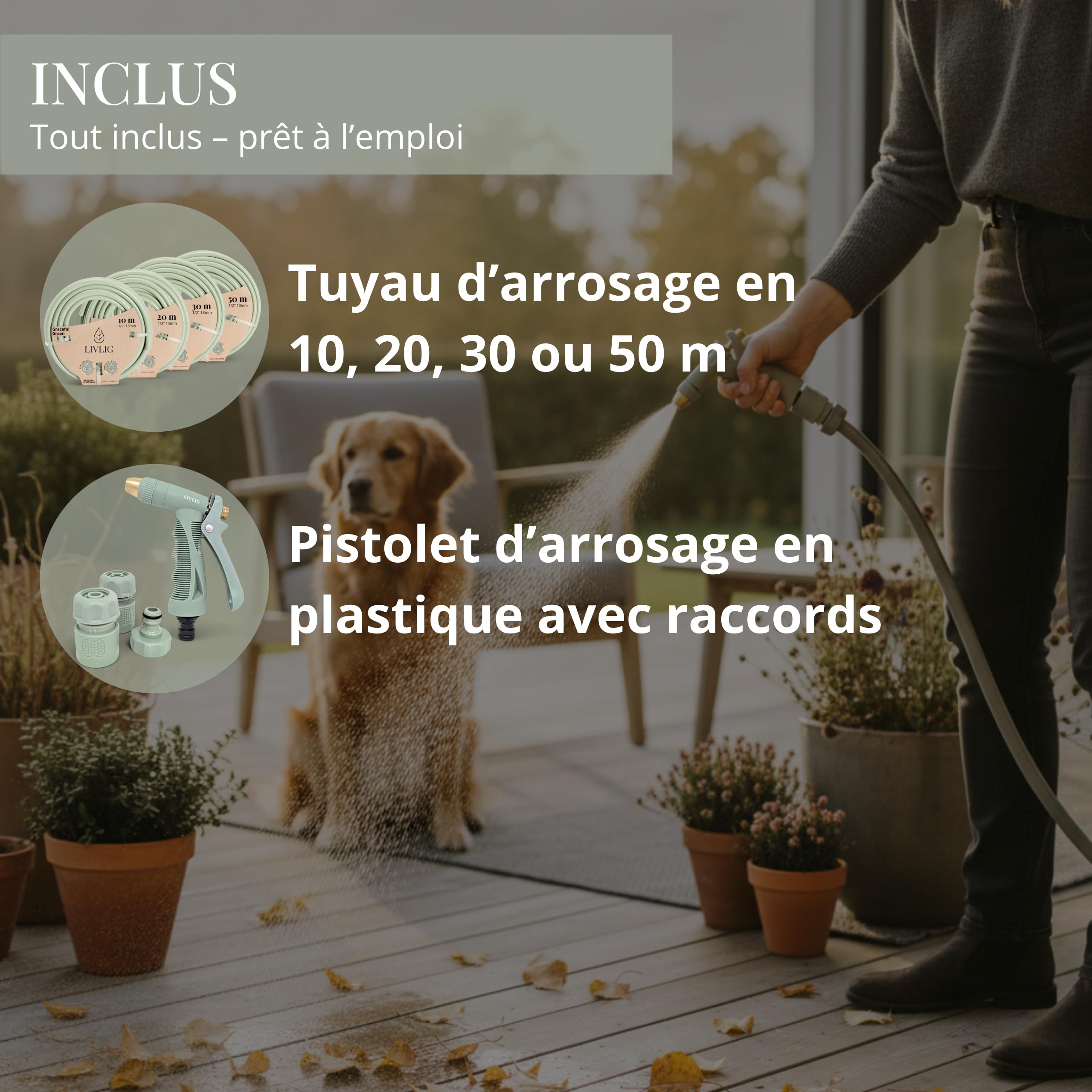 LIVLIG Kit Arrosage Complet 20m Vert – Tuyau d'Arrosage 20m 1/2 Pouce + Pistolet d'Arrosage & Accessoires (Raccord Robinet 3/4", Raccord Rapide, Arrêt d'Eau 1/2") – Made in Europe
