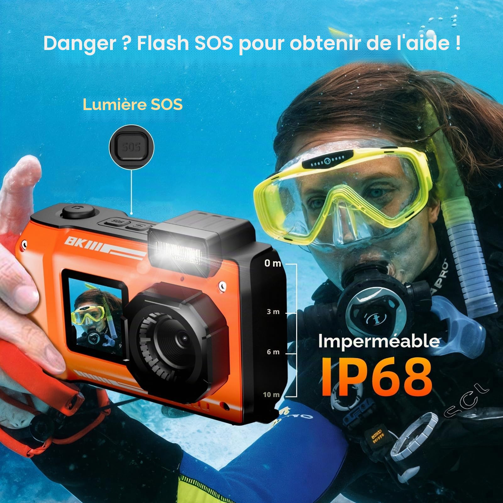 MaxMango D50 8K 70MP Appareil Photo Etanche，33FT Camera Etanche avec 64 Go de Stockage, Double écran 18x, Résistante à la Poussière et Aux Chocs, Autofocus