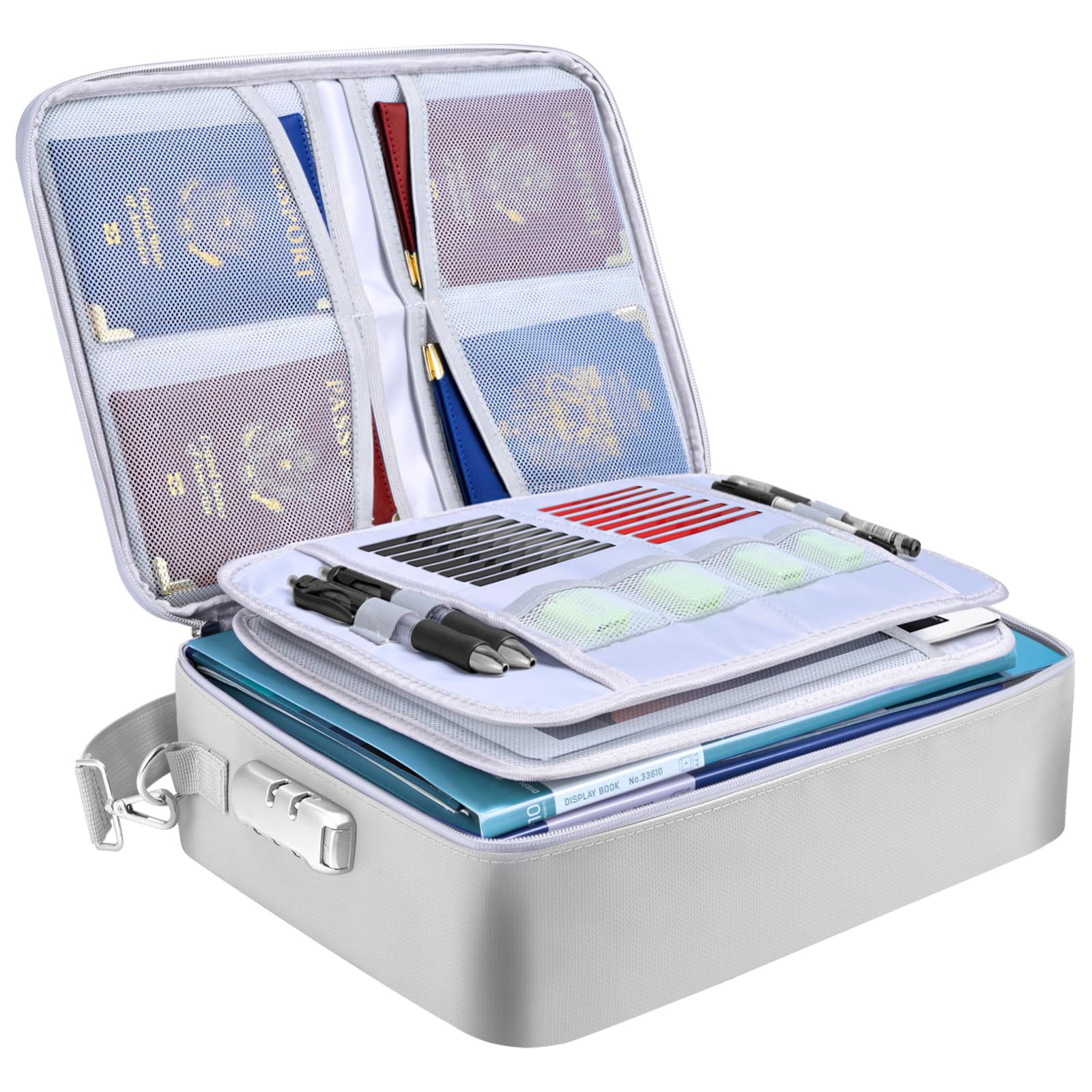BALEINE Fireproof Document Box with Lock, Portable Fireproof Document Bag Waterproof Fire Proof File Boxes for Documents, File Organizer Box for Important Paperwork (Silver, 15''x11''x4'')
