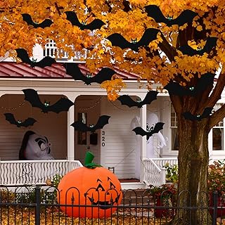 18Pcs Halloween Decoration Bats Large Size Hanging Bats Glow in The Dark Luminous Eyes Bats Waterproof PVC Bats Hanging on Tree Windows with String