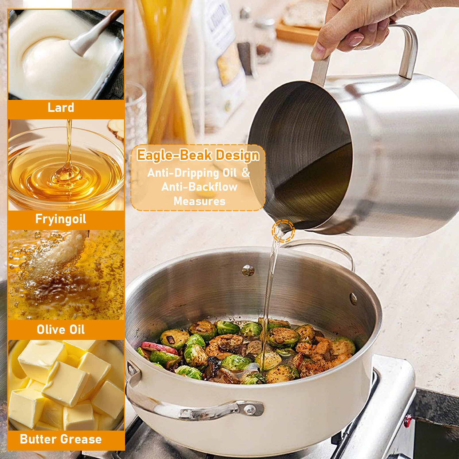 Passoire pour friteuse, pot de filtre à huile en acier inoxydable 304 avec panier filtrant, couvercle anti-poussière et plateau antidérapant avec poignée, récipient à graisse bacon, réservoir de