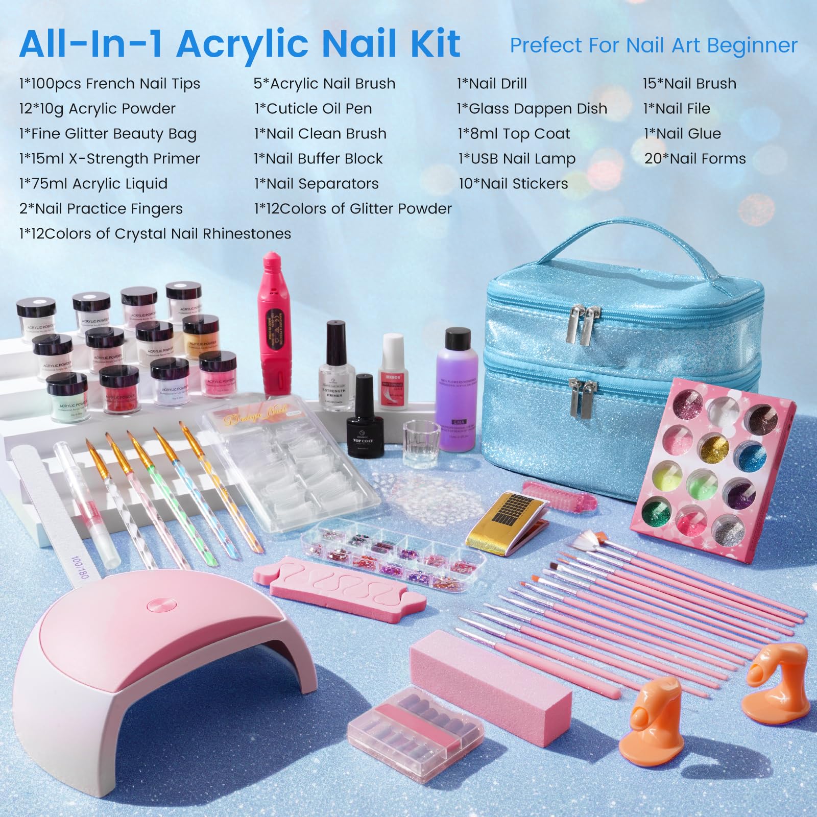 Yokilly Kit d'ongles en acrylique avec tout : 12 couleurs de poudres acryliques liquides avec lampe d'entraînement pour les doigts – Kit de démarrage pour les ongles pour débutants dans un sac cadeau