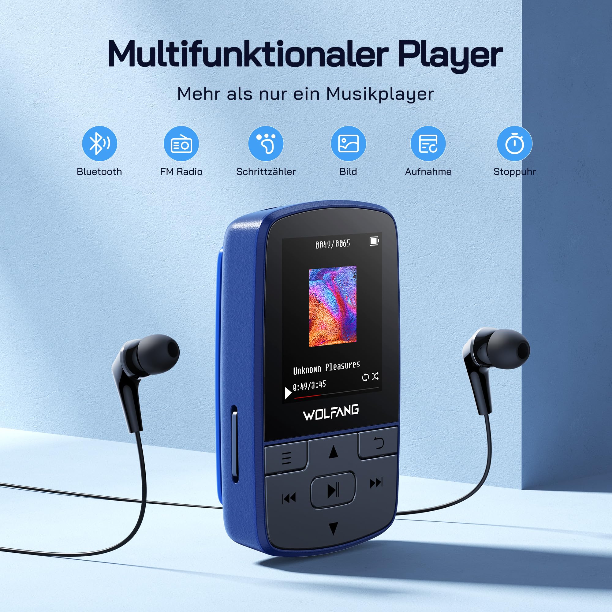 WOLFANG MP3-Player mit Bluetooth 5.2, Sportclip, Mini-Größe, Gewicht 28,3 g, HiFi FM-Radio, Diktiergerät, Kopfhörer im Lieferumfang enthalten