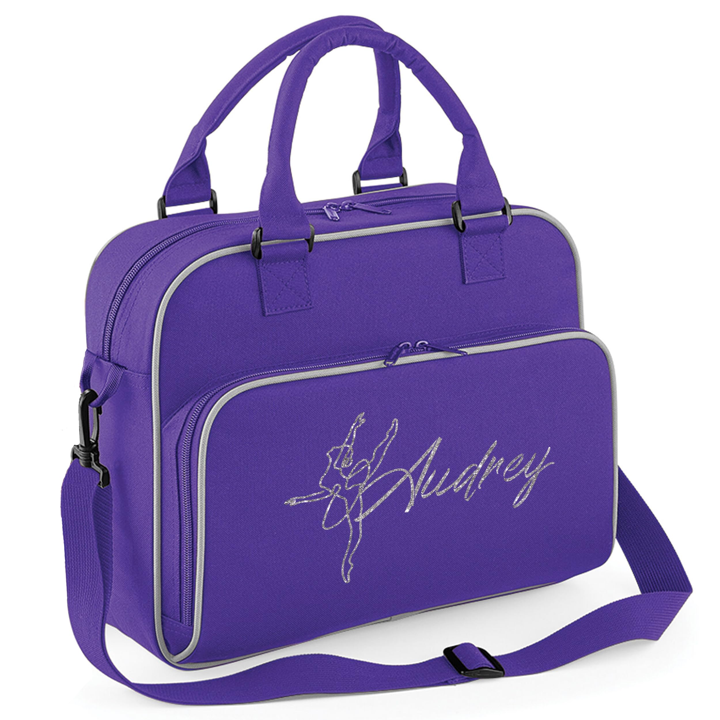 Personalised Silver Glitter Ballerina Girls Junior Dance Bag Kids Custom Name Ballet Class Dancing Kit Bag, One Size, Purple