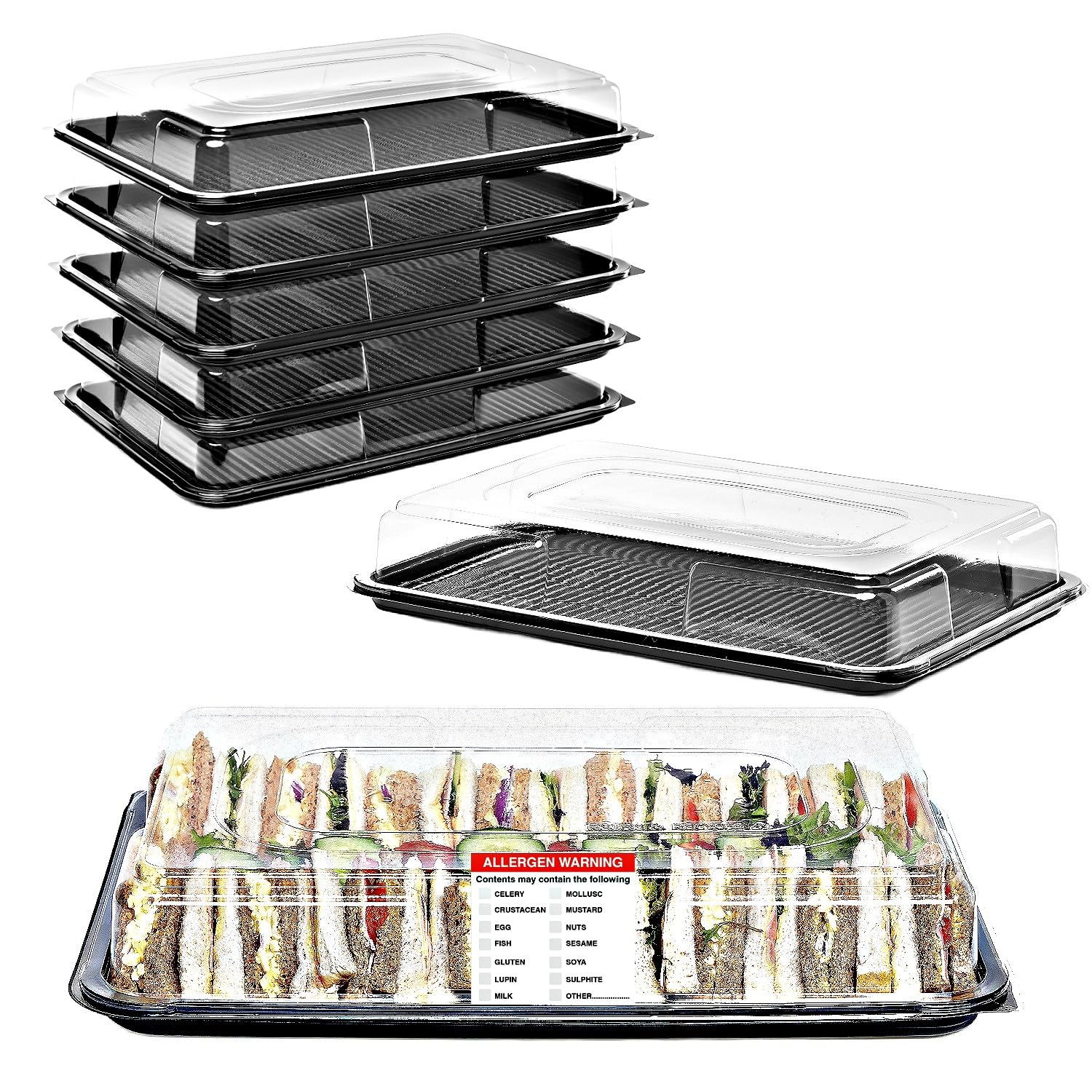 Caterline 10 Large Recyclable Plastic Buffet platters (450mm x 310mm x 75 Deep) Black Base/Clear Lids