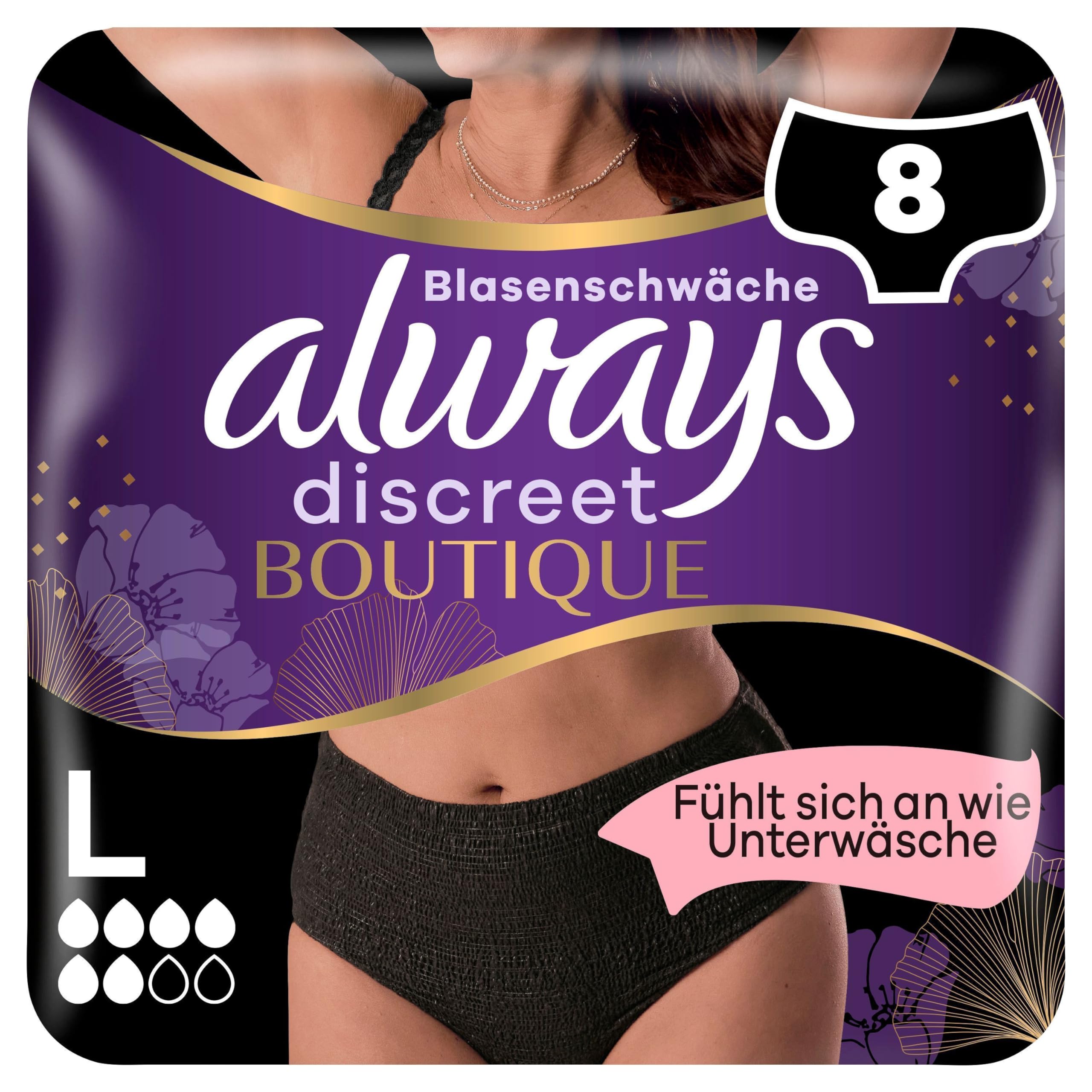 Always DiscreetAlways Discreet Boutique Underwear Incontinence Pants Plus L Black X 8, for Sensitive Bladder, Locks Away Odours, Wetness and Prevent Leaks