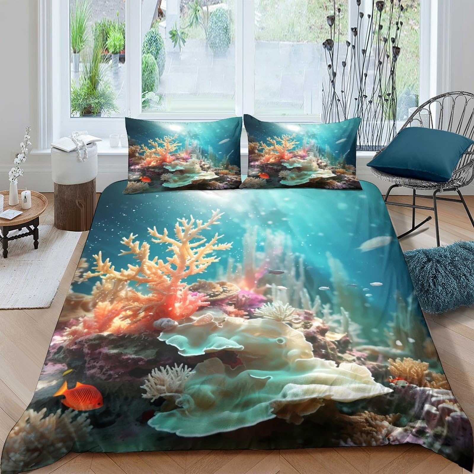 Ctjqhvkz Style-9 3D Printed Coral Reef Underwater Fitted Sheet Microfiber Soft Ocean Scene Bed Cover For Bedroom Dorm Mattress Protection Single（135X200cm）