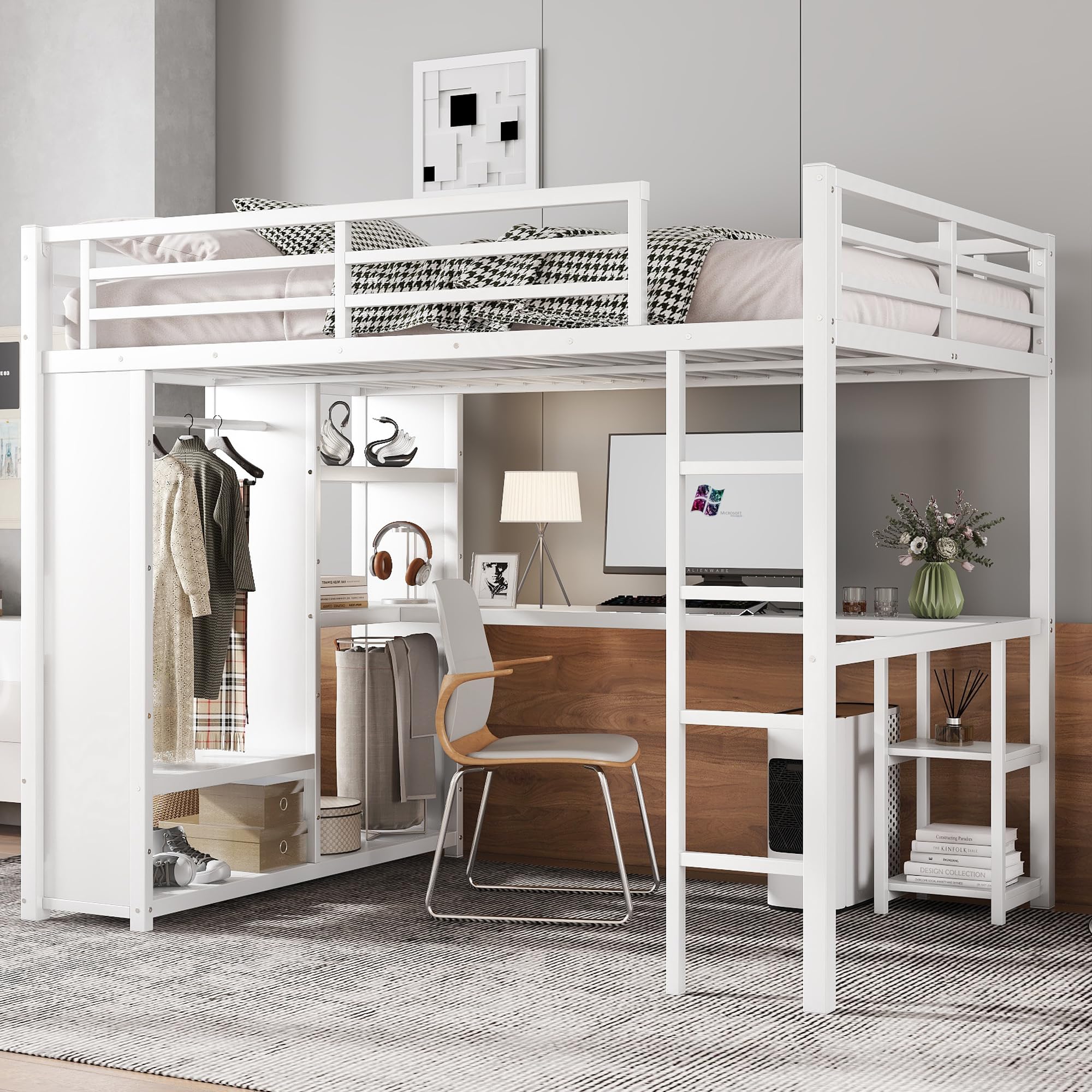 Bellemave Queen Size Loft Bed with Desk and Storage Shelves, Queen Loft Bed with Wardrobe and Hanging Rod, Game Loft Beds with Guardrail and Ladder,