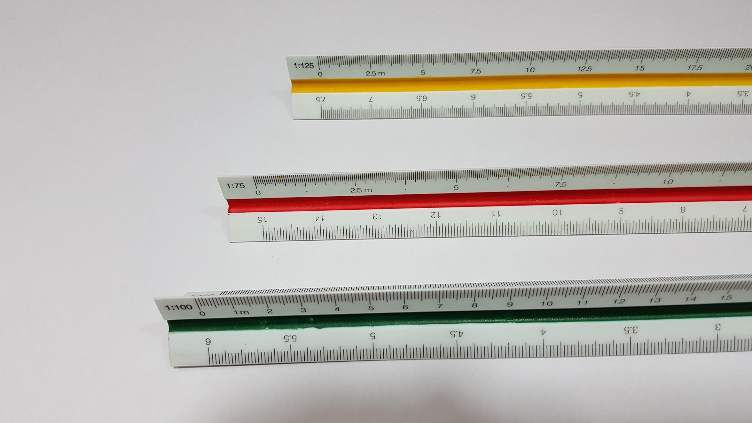 Triangular Architect Scale Ruler by Ferocious Viking with Color-Coded Grooves with Metric measurements 1:20, 1:25, 1:50, 1:75, 1:100, 1:125