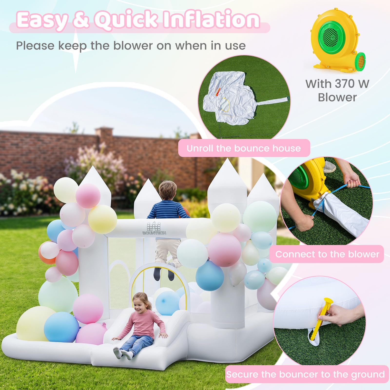 COSTWAY Hüpfburg mit Gebläse, Rutsche, Sprungbereich, Basketballkorb | Bouncy Castle mit 100 Luftballons & Bällebad für Kinder, Innen- und Außenbereich, Weiß, 252 x 242 x 191,5 cm