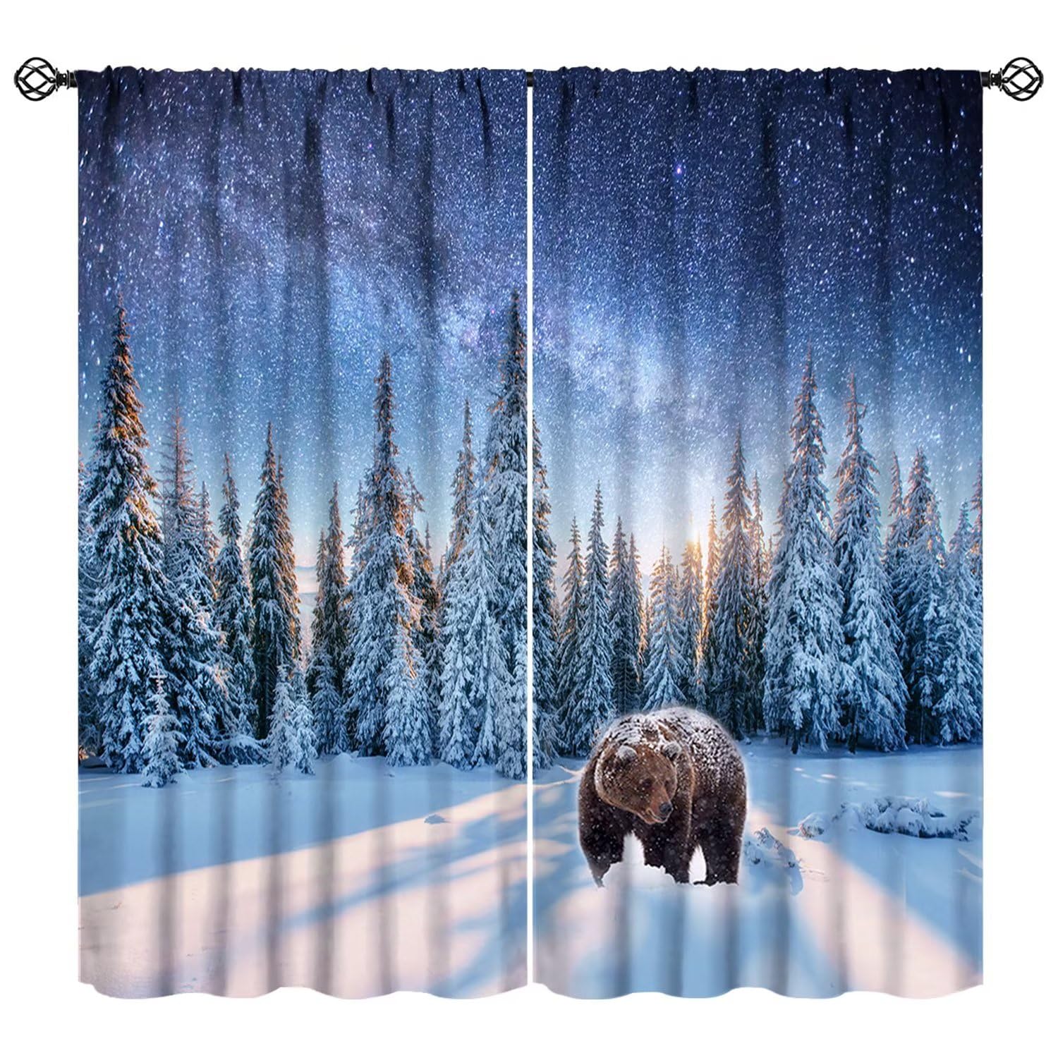 JESTRONRY Winter Window Curtains,Nature Pine Tree Forest Wild Animal Bear Snowflake Merry Christmas Winter Holiday Landscape Fabric Living Room