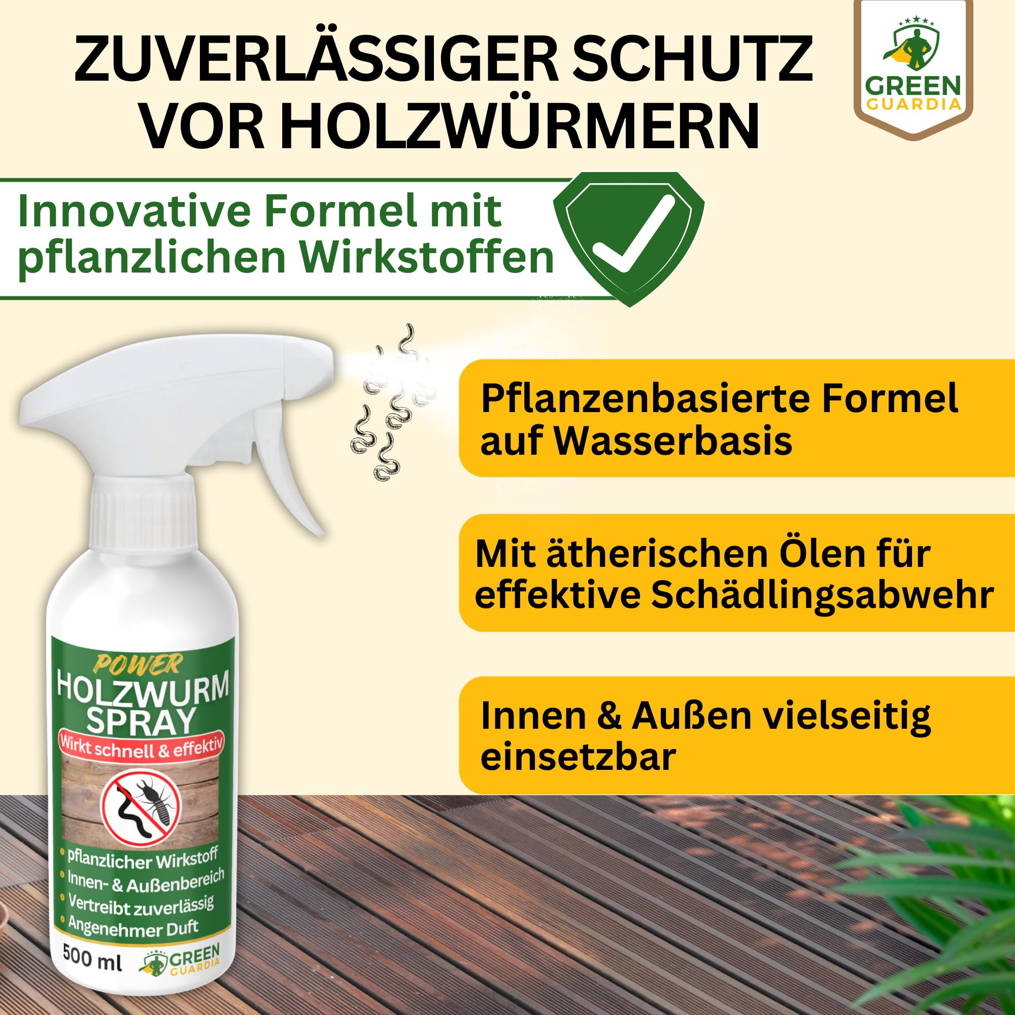 GREEN GUARDIA Holzwurm Abwehrspray 500 ml - Sprühfertiges Konzentrat mit Langzeitwirkung gegen Holzbock & Holzwurm - Mittel gegen Holzwürmer für innen - Effektives Holzwurmmittel & Holzwurmschutz