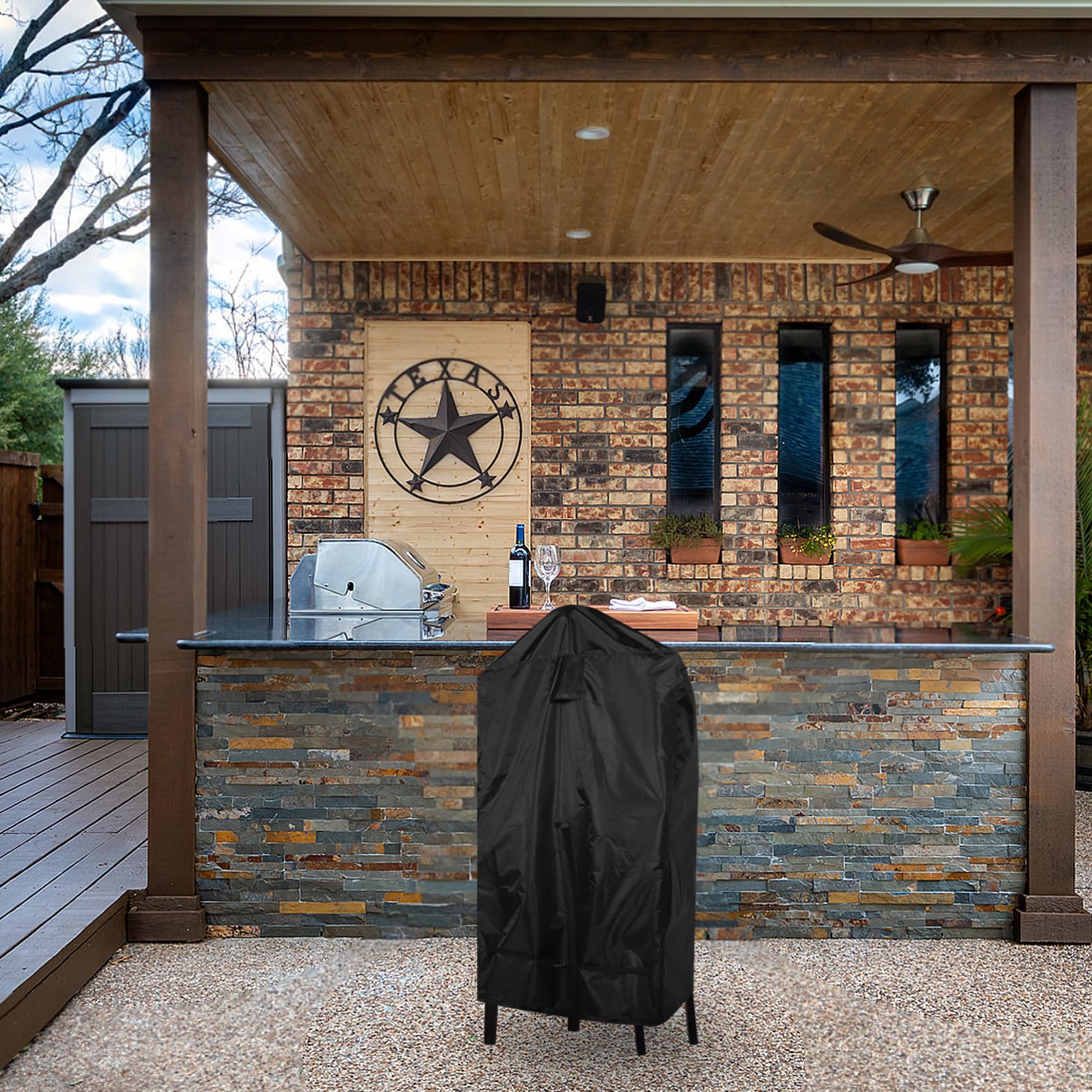 Copertura per Stufa Esterno Chiminea 56x37x26 Pollici in Oxford Nero | Resistente alle Intemperie, Traspirante e Leggera, Installazione Semplice per Giardino e Uso Tutto L’anno