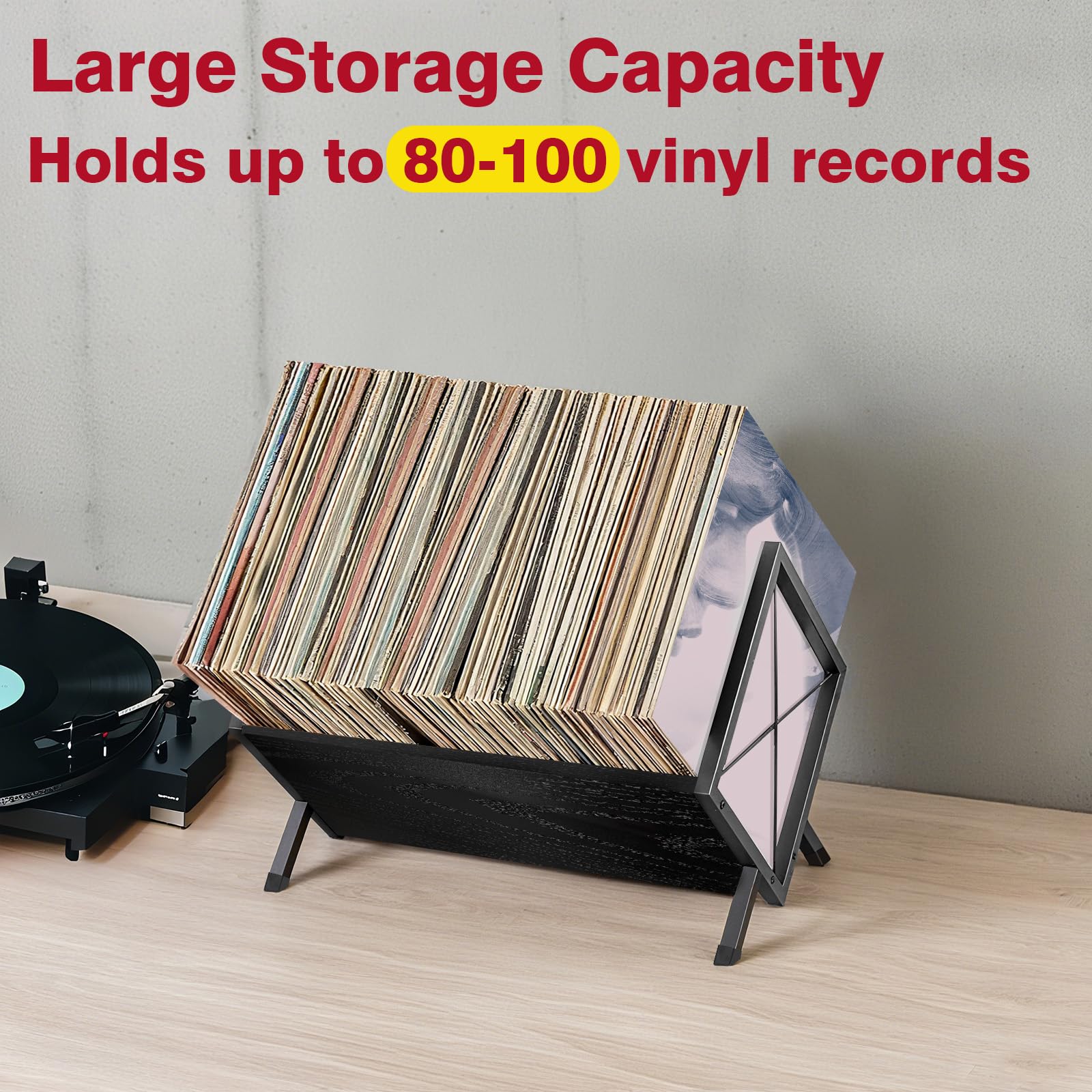 porta vinili per 100 dischi in vinile, porta cd da tavolo di legno, stile retrò organizzatore per la tua raccolta, nero
