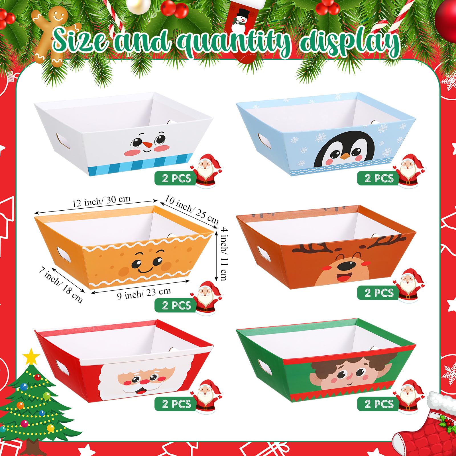Cholemy Paquete de 12 cestas vacías de regalo de Navidad de 12 x 10 x 4 pulgadas, incluye 12 cestas de regalo de cartón con asas, 12 bolsas envolventes, 12 lazos para Navidad, bodas, aniversarios