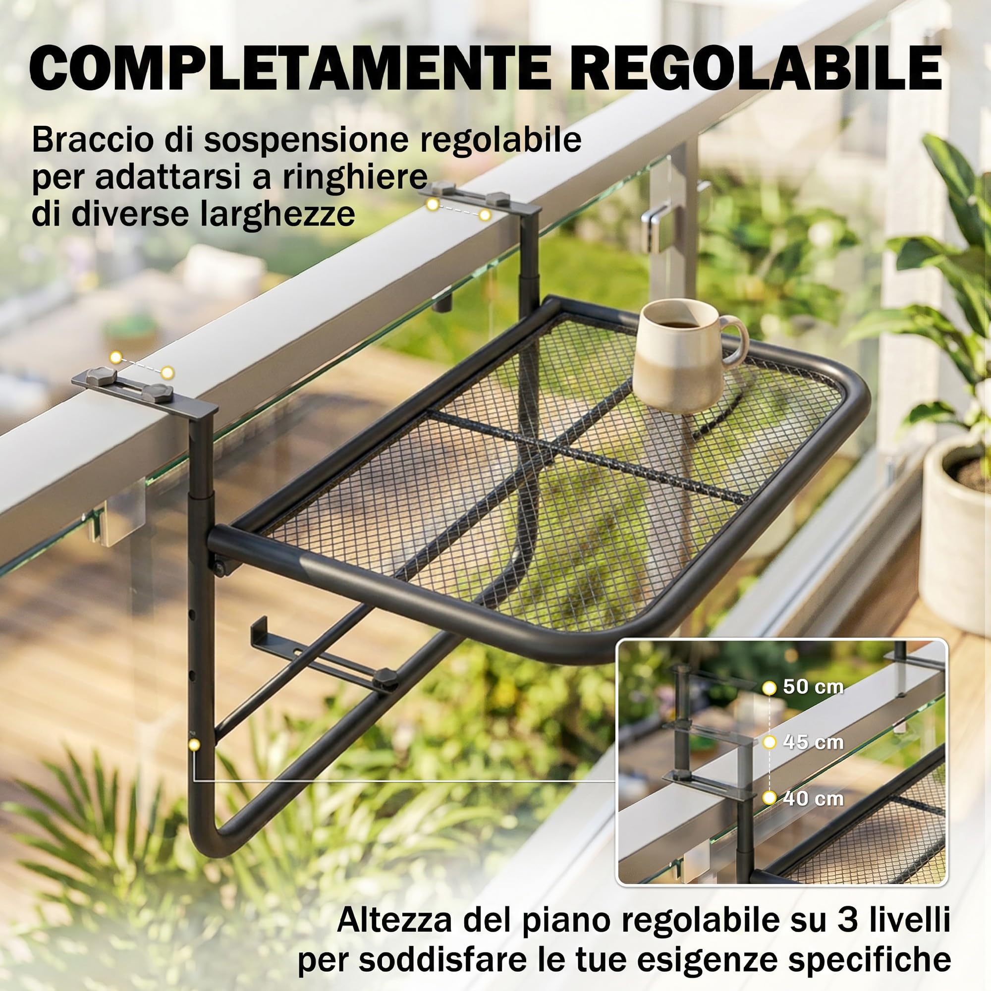 Outsunny Tavolino da Balcone Pieghevole in Metallo 3 Altezze Regolabili 60x56.5x45cm Nero