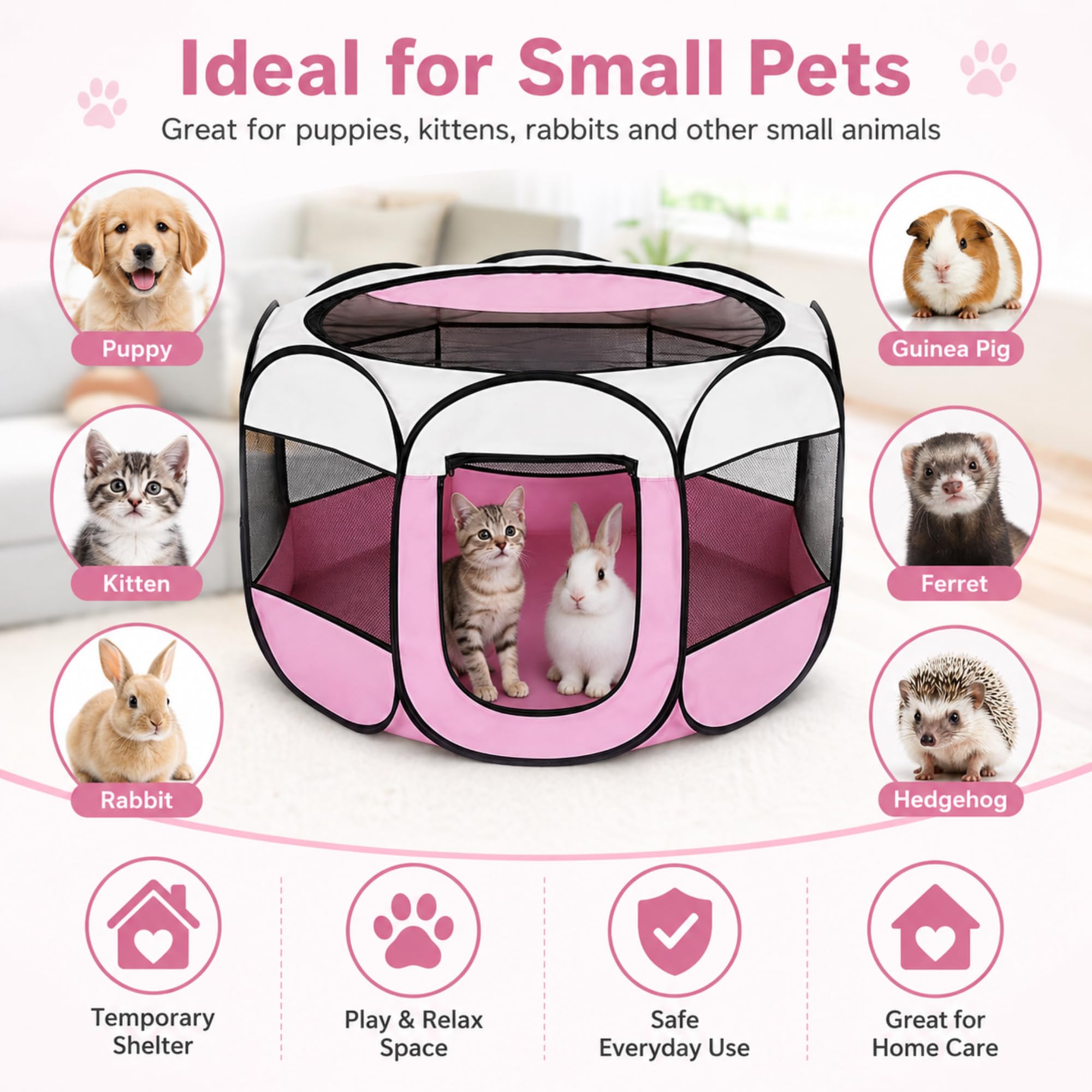 Recinto pieghevole per cuccioli, 74 x 74 x 43 cm, per la casa, box pieghevole per cani, gatti, conigli, interni ed esterni (rosa)