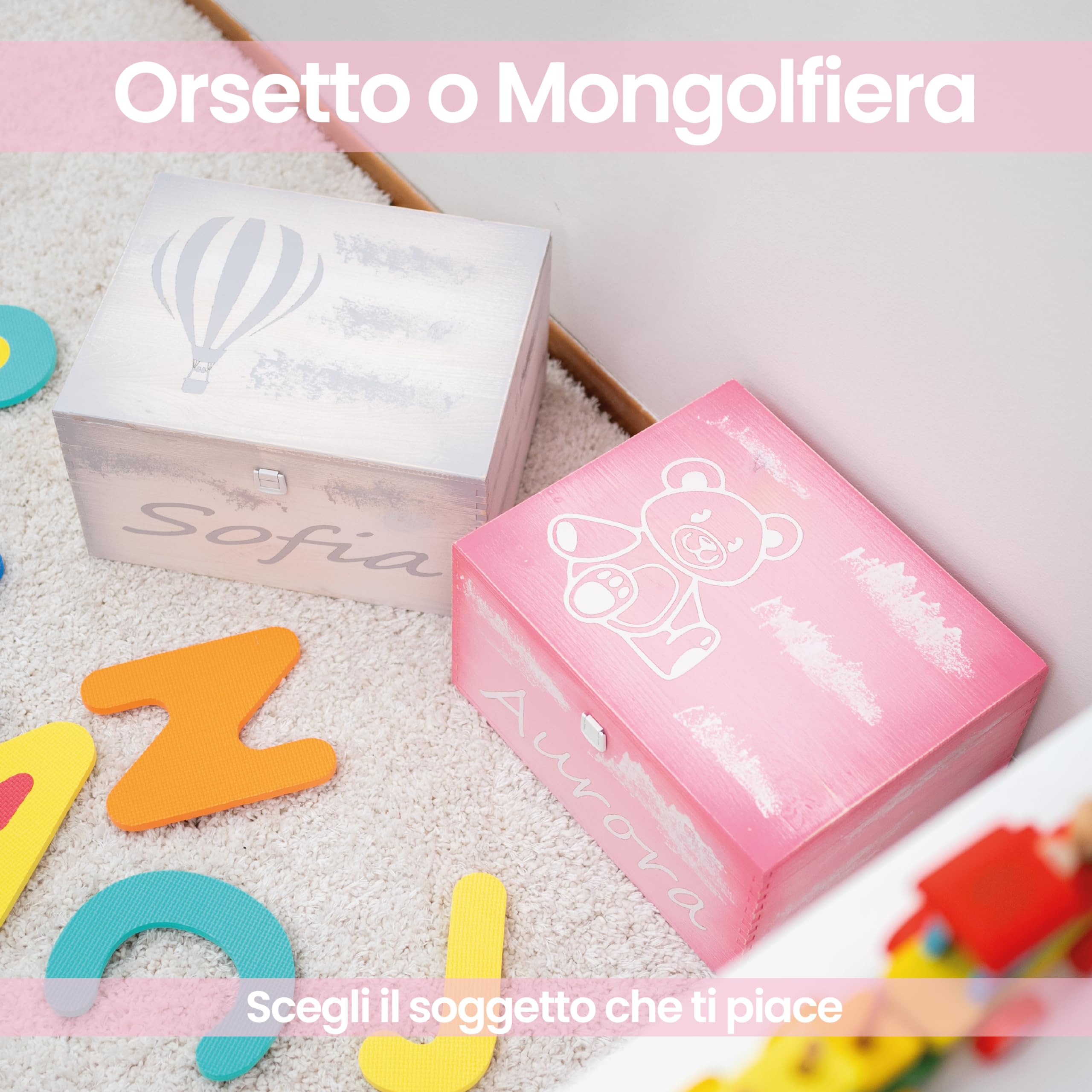 Scatola dei Ricordi Neonato - Baby Box Nascita con nome del bambino - Scatola in legno con Coperchio Personalizzabile