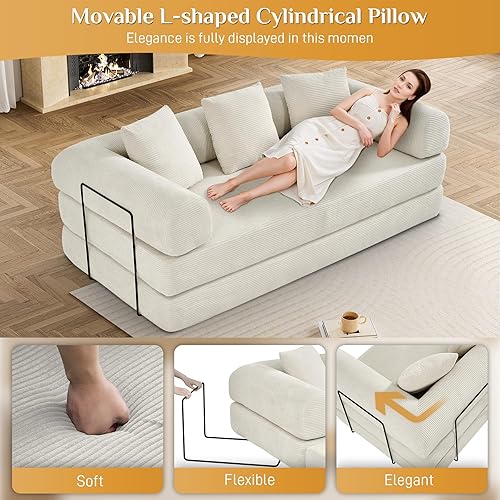 Miniatura 4 de Sofá cama convertible con almohada, sofá cama plegable de pana 4 en 1 con marco de forma fija, sofá cama plegable para sala de estar, dormitorio,