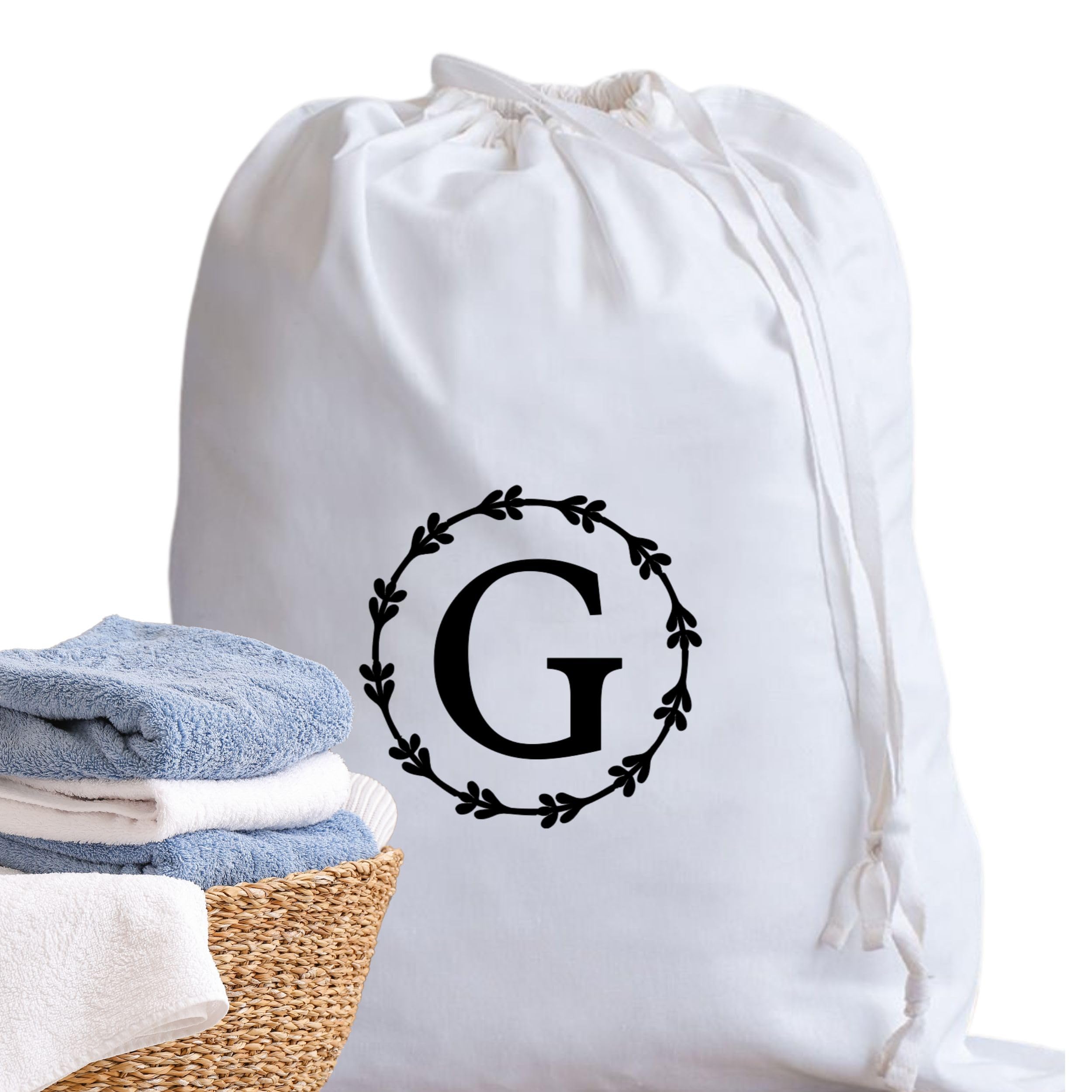 A-Z Cotton Laundry Bag Personalised Initial Gifts - Holiday Essentials Bathroom Accessory Dry Bag Drawstring Bags for Travel Camping University Essentials Personalised Gift Monogram G