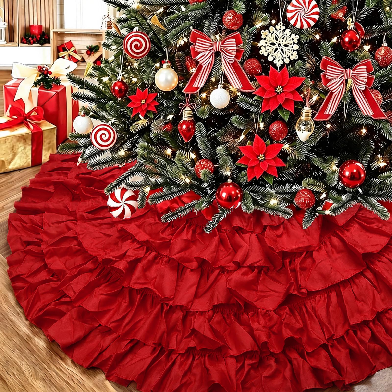 tiosggd Red Ruffle Christmas Tree Skirt, 48 Inches 6-Layer Large Fluffy Tree Skirt for Artificial Trees, Rustic Farmhouse Red Christmas Decorations Ornaments for Wedding Fall Xmas Party Decor