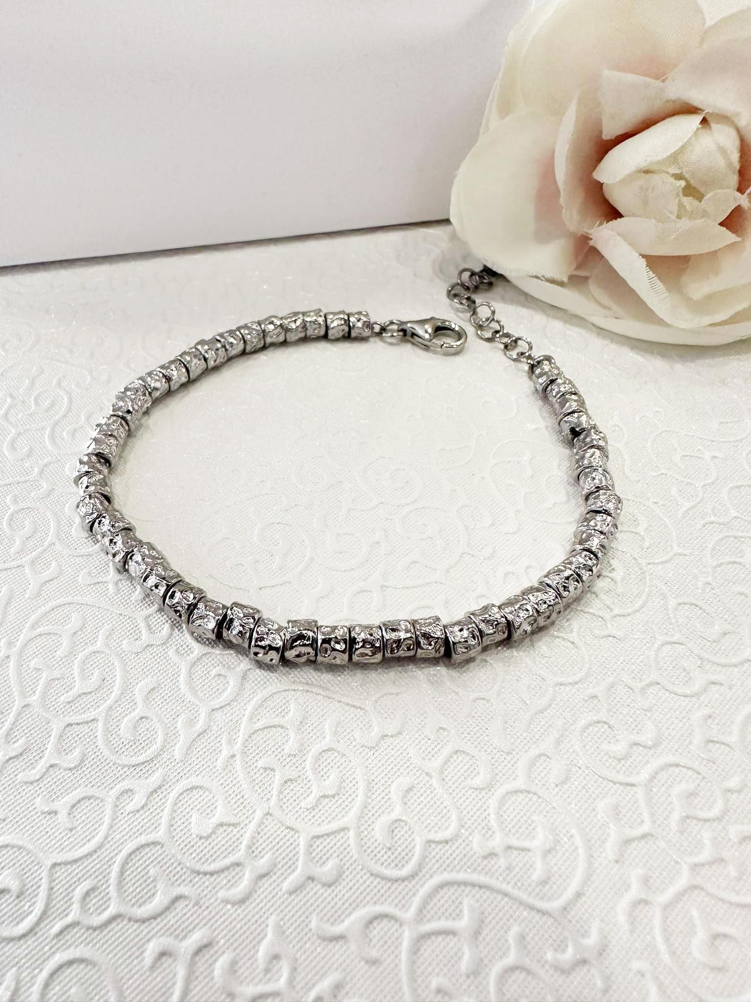 Bracciale uomo donna in Argento 925 con granelli pepite martellate lavorate Luminoso Regolabile Unisex Moda Fashion