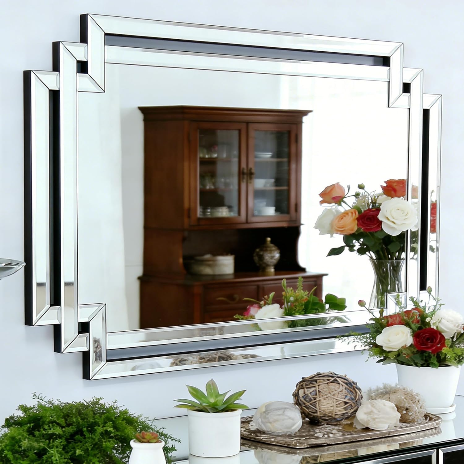 36" X 47" Large Decorative Wall Mirror for Decor, Large Elegant Living Room Mirror with Glass Pieces and Beveled Edge, Modern Bathroom Mirror Hang Horizontally or Vertically