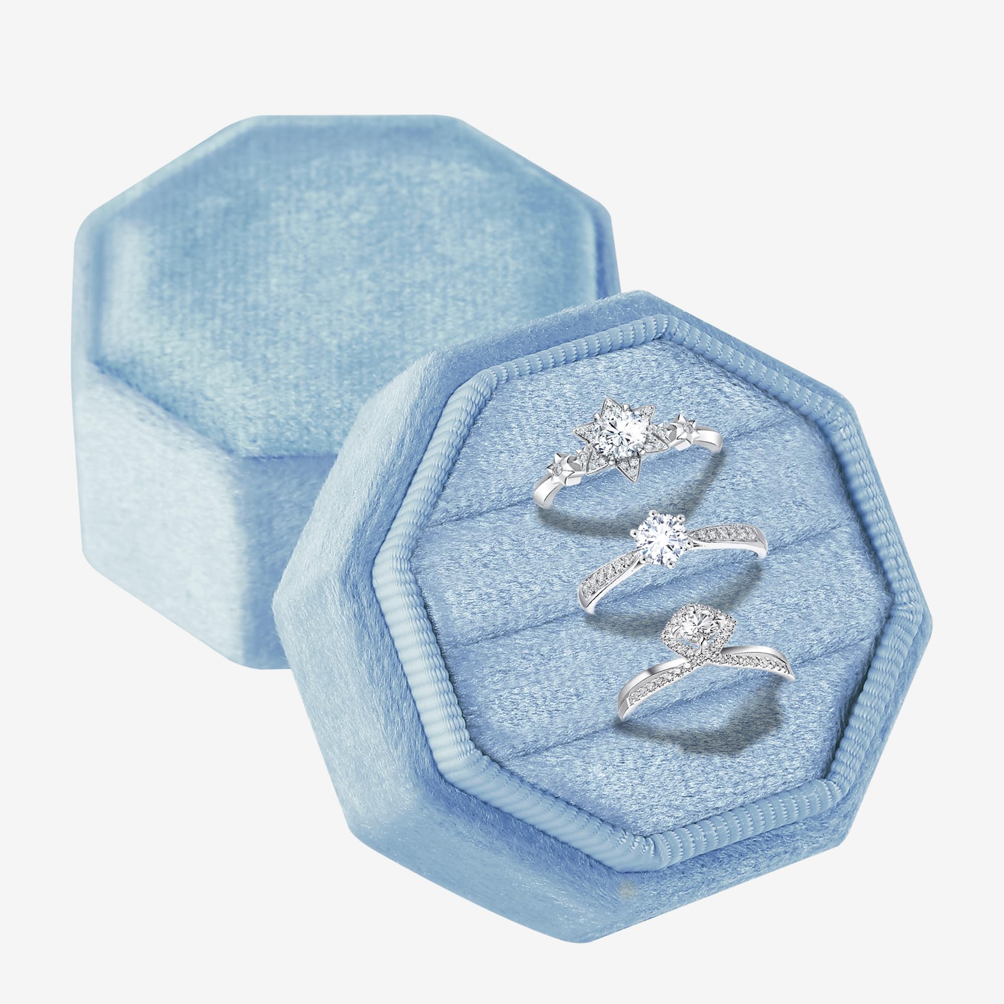 Velvet Ring Box 3 Slots Octagonal Jewelry Ring Gift Box Vintage Ring Display Holder Case with Detachable Lid
