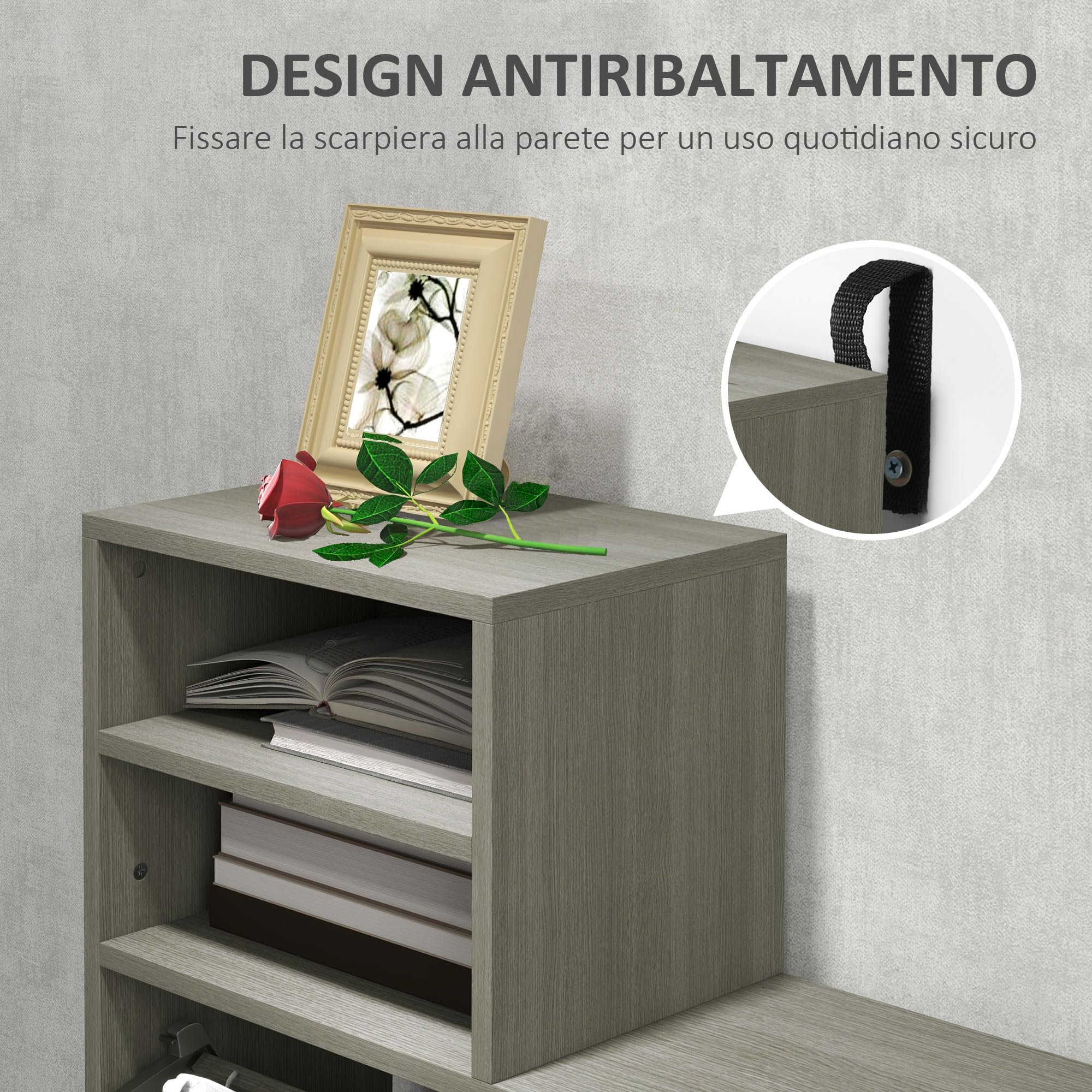 HOMCOM Set 4 in 1 Mobili da Ingresso con Appendiabiti, Specchio, Panca con Scaffale e Scarpiera per 8 Paia di Scarpe, Grigio