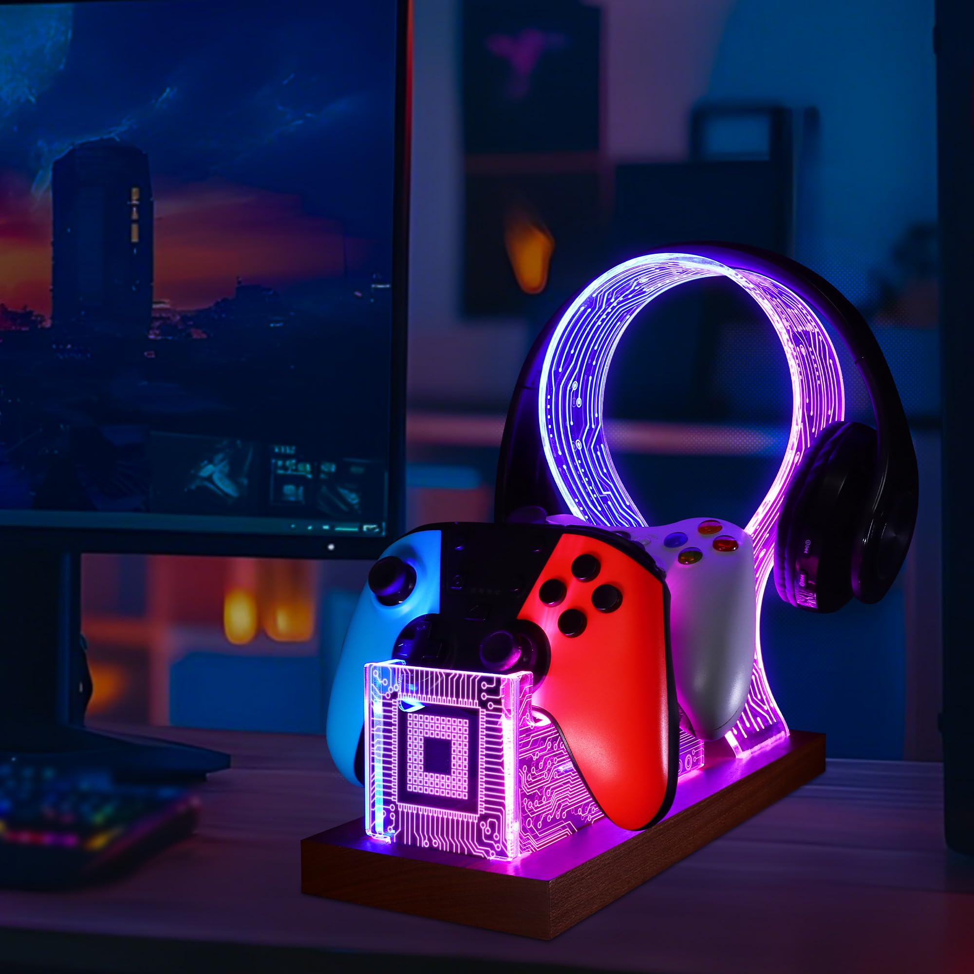 YuanDian Regali per ragazzi adolescenti, cuffie da gioco da scrivania e supporto per controller con luce notturna a LED blu rosa, supporto controller in legno acrilico con motivo PCB, regalo