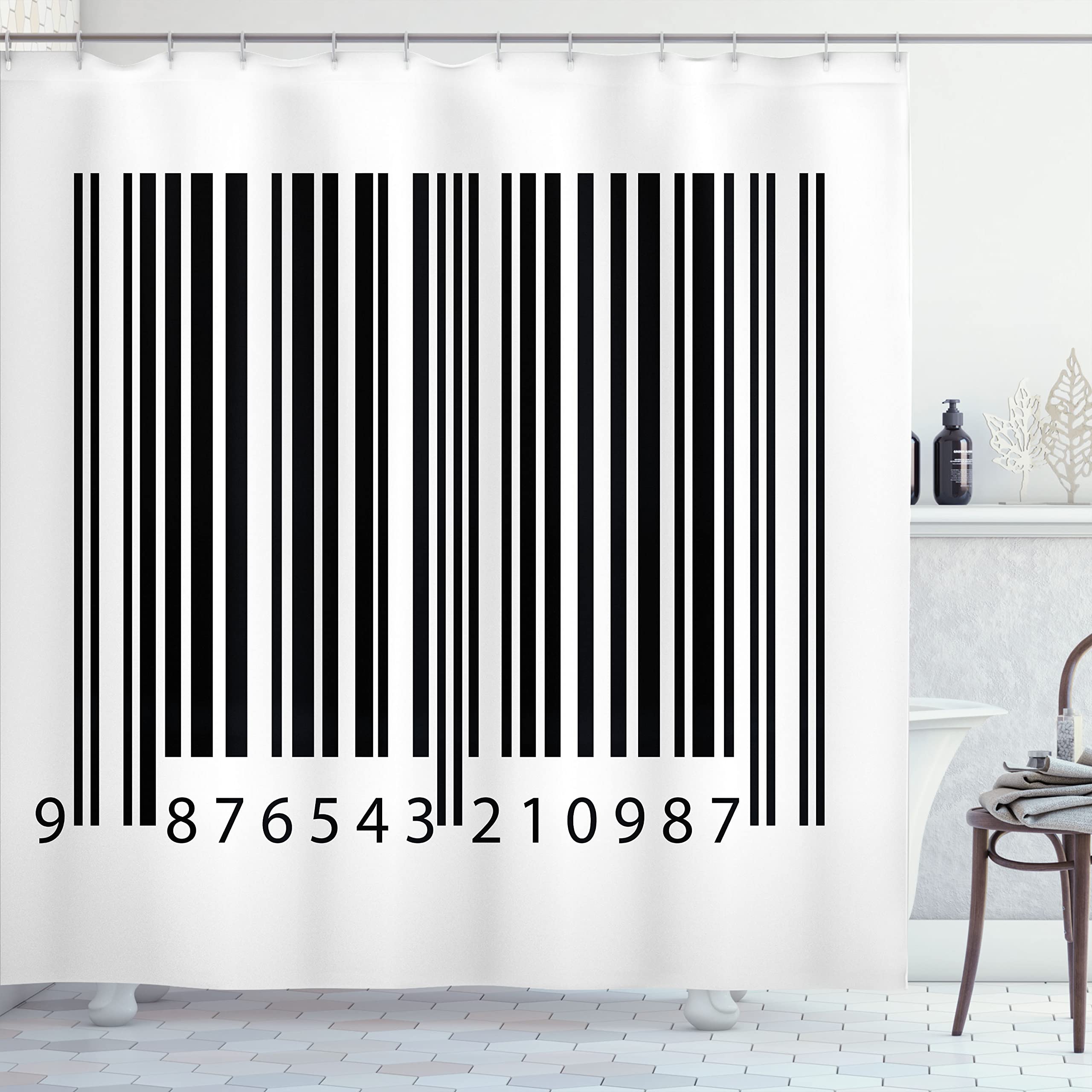 Ambesonne Striped Shower Curtain, Barcode Background Codes Data Software Linear One-Dimensional Work of Art, Cloth Fabric Bathroom Decor Set with Hooks, 70" Long, Black White