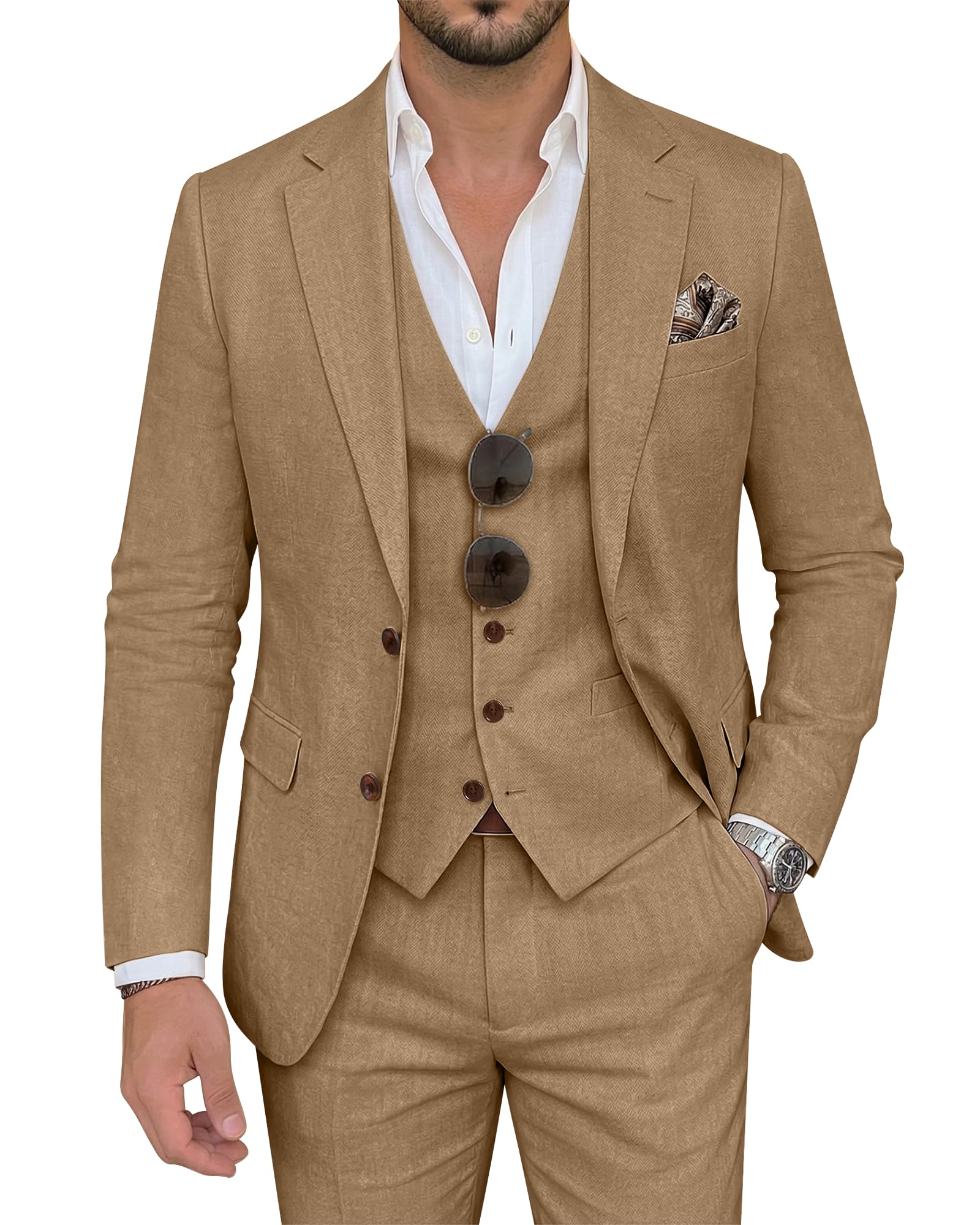 Photo 1 of Men's 3 Piece Linen Suits Slim Fit Business Casual Suit for Men Formal Wedding Suits Khaki Linen Blazer Vest Pants Set 3XL
