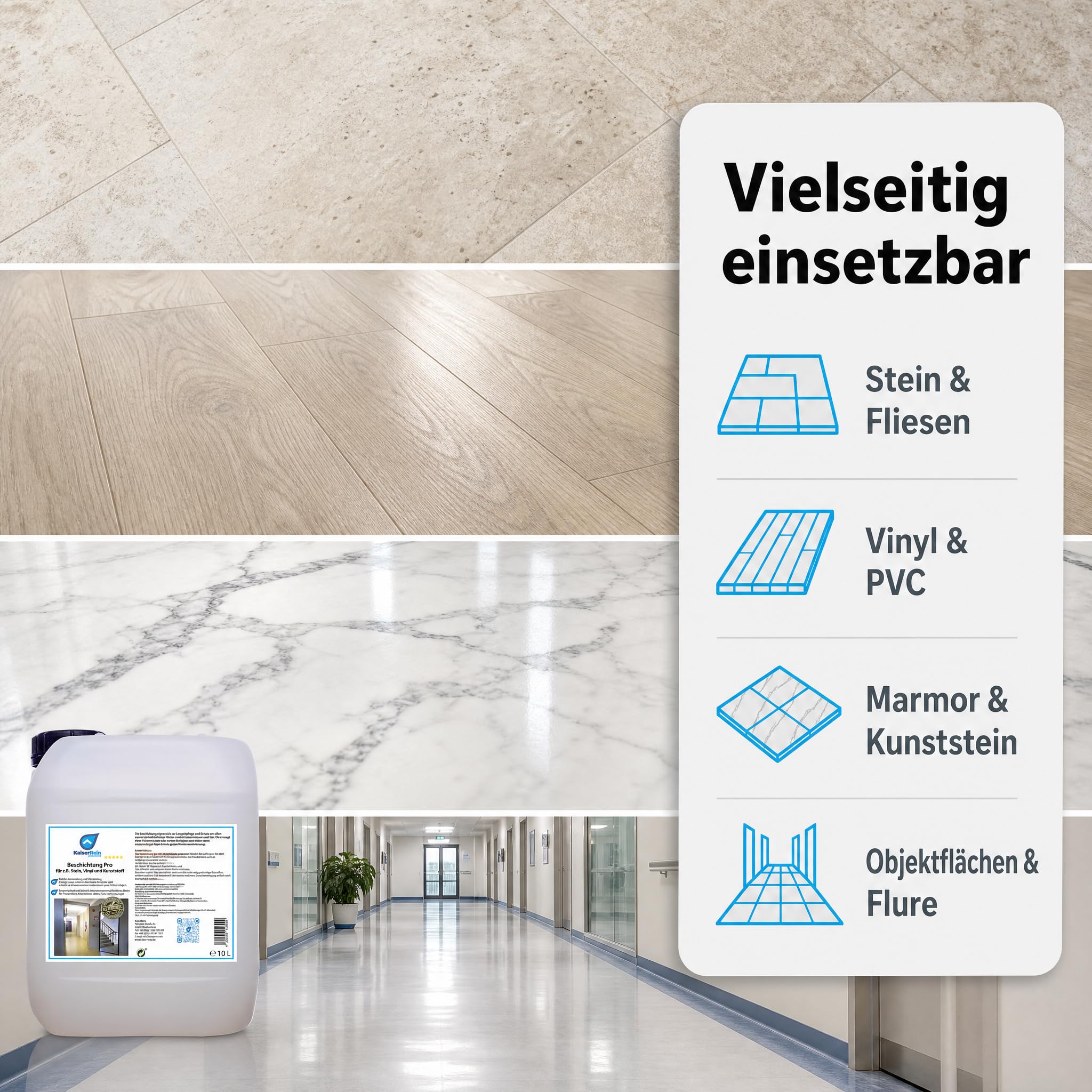 KaiserRein Bodenbeschichtung Beschichtung Pro Easy, Bodenversiegelung für wasserunempfindliche Böden, Hochglanz ohne Polieren, für Vinyl, PVC, Linoleum, Stein & Kunststoff, 10 L