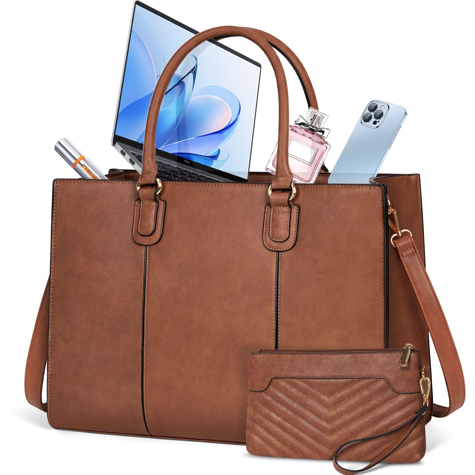 NUBILY Laptop Bags for Women 15.6 Inch Work Tote Bags Womens Laptop Purse Waterproof PU Leather Laptop Briefcase for Office Computer Bag Women Travel Handbag Shoulder Bag Brown