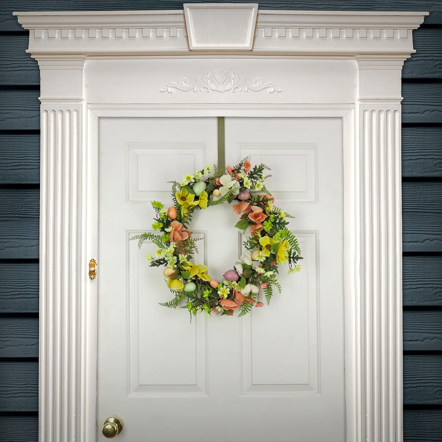 National Tree Company Artificial Spring Wreath, Woven Branch Base, Decorated with Colorful Pastel Eggs, Pink and Yellow Flowers, Ferns, Leafy Greens, Easter Collection, 22 Inches