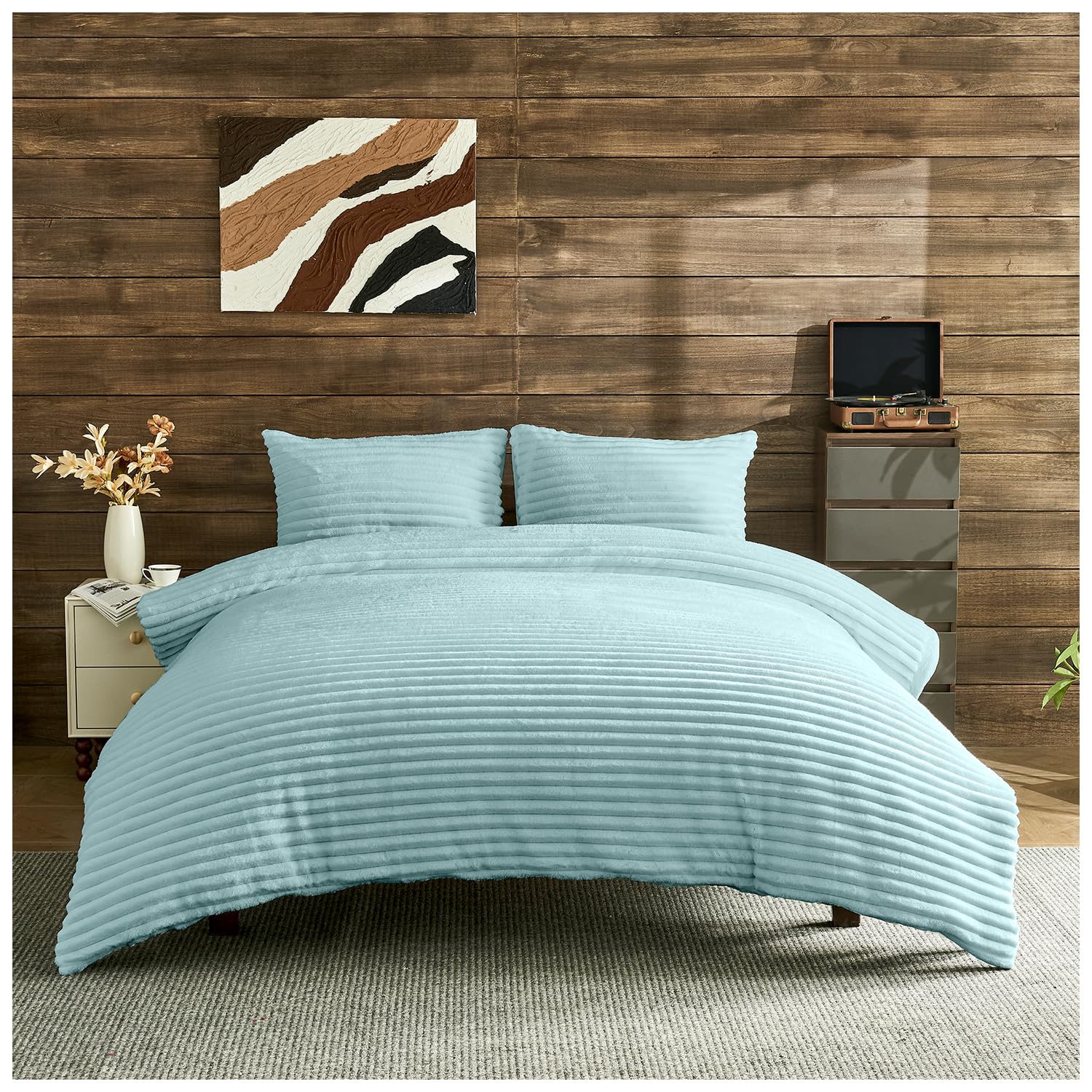 GC GAVENO CAVAILIA Ribbed Fleece Bedding Sets King Size 220x230 Cm | Super Soft Polyester King Size Duvet Cover Sets With Pillow Cases | Thermal Warm Cozy Fluffy Winter Quilt Cover Bed Set, Duck Egg