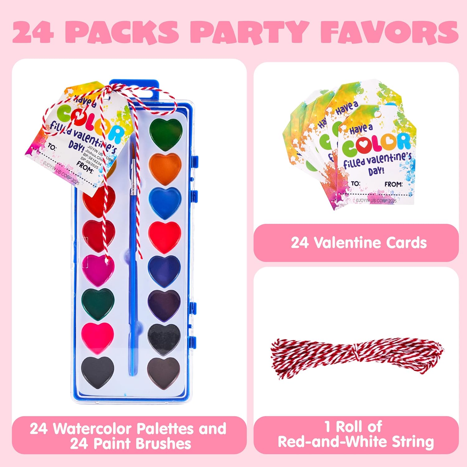JOYIN 24 Pcs Valentine’s Day Heart-Shaped Watercolor Paints, 16 Colors Paint Palettes with Brushes & Gift Tags & Ropes, Valentines Day Arts for Kids Crafts DIY Activity Classroom Gifts Party Favors